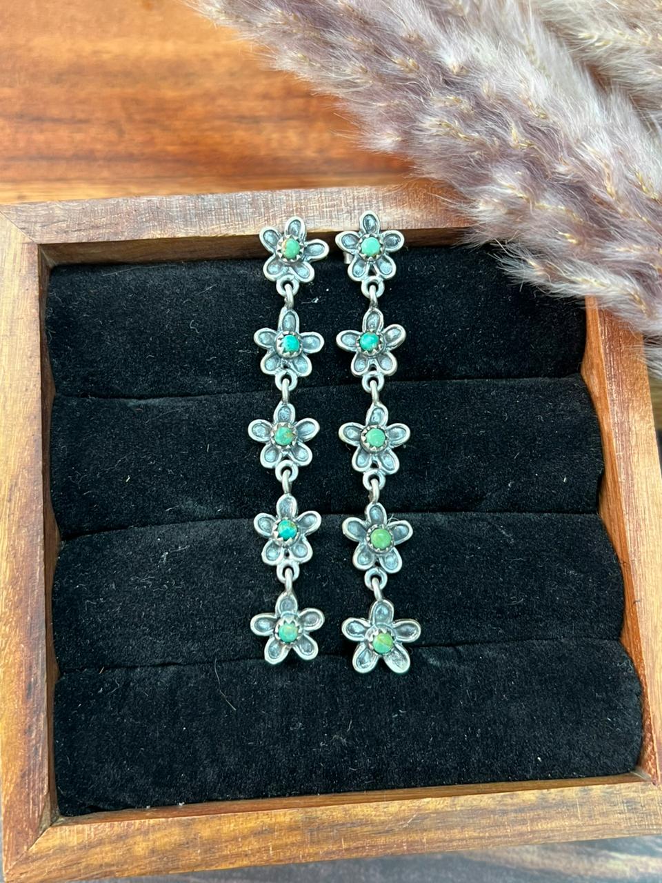 Handmade Sterling Silver Flower Collection: Kingman Turquoise Post Dangle Earrings "Signed Nizhoni" (5)