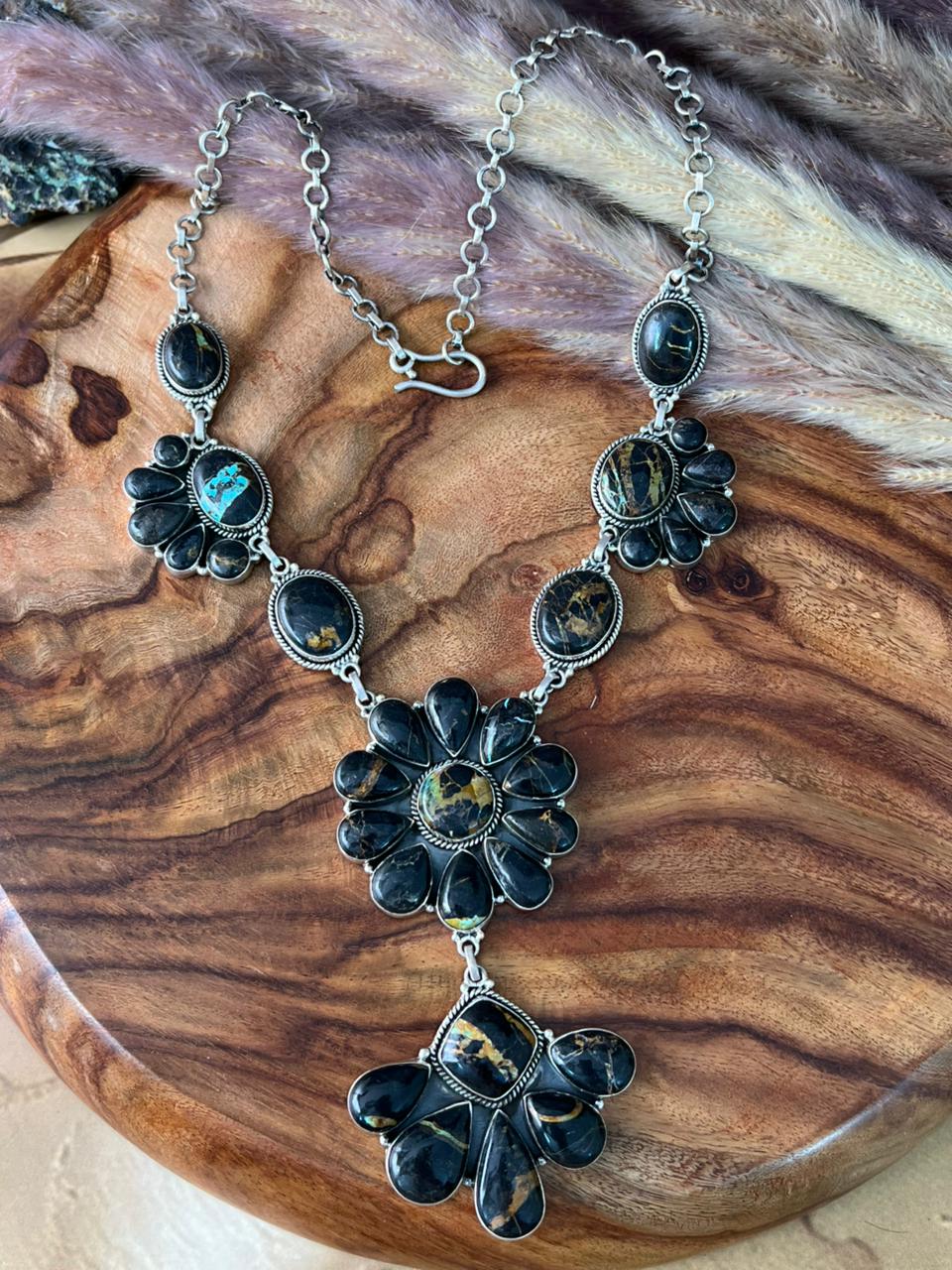 Handmade Sterling Silver Blackjack Turquoise Necklace "Signed Nizhoni"