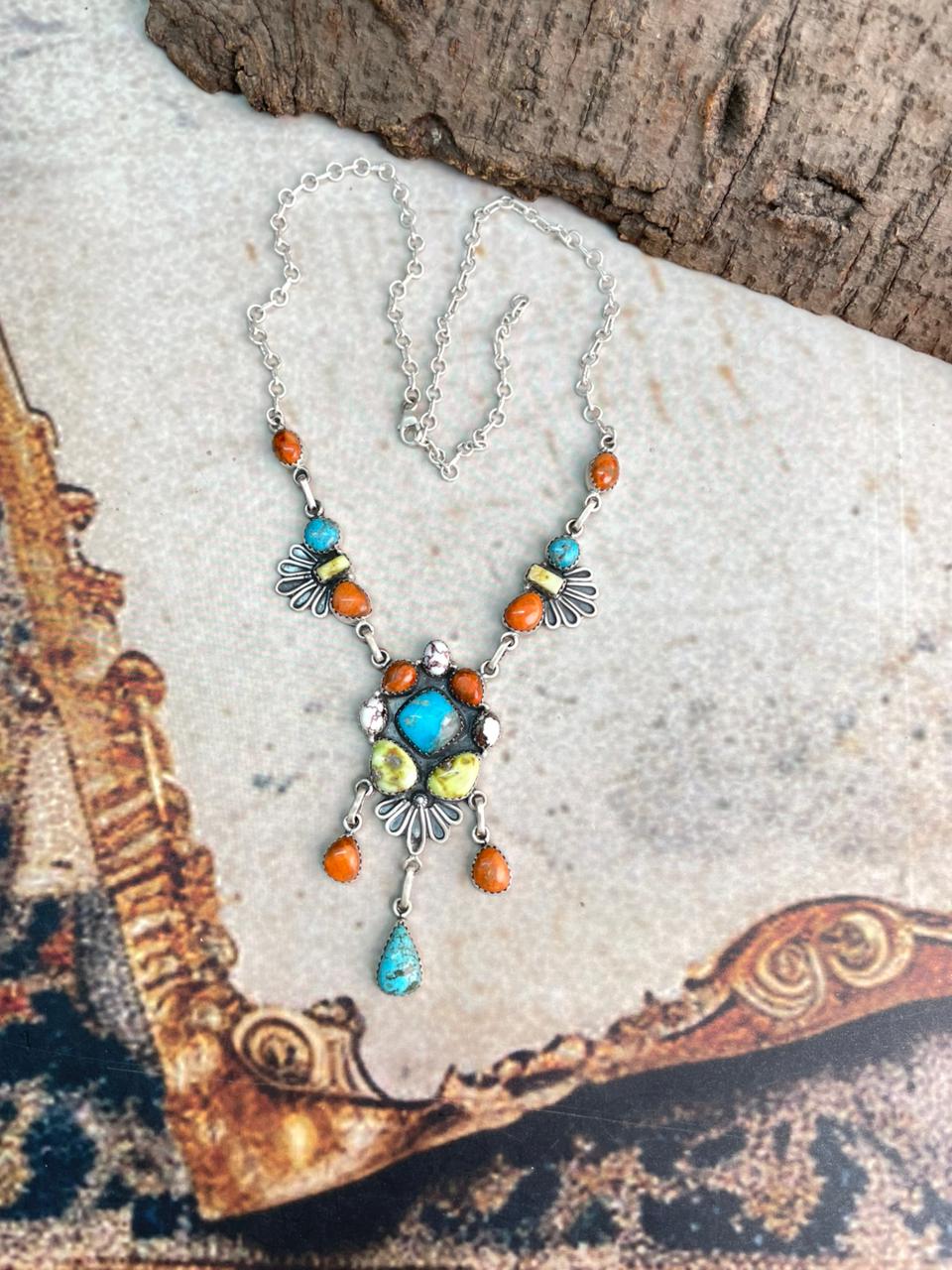 Handmade Sterling Silver Multi Stone Collection: Palomino with Orange Mojave, Wildhorse Magnesite and Arizona Blue Turquoise Necklace "Signed Nizhoni"