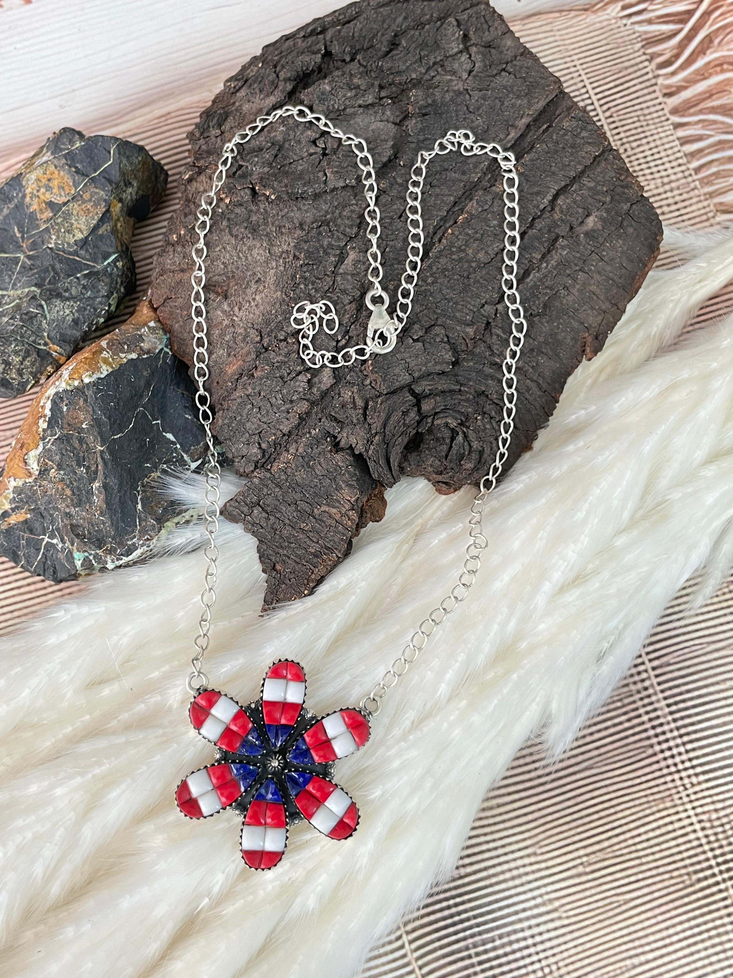 Handmade Sterling Silver 4th Of July Collection: Rosarita with Lapis and White Buffalo Necklace "Signed Nizhoni"