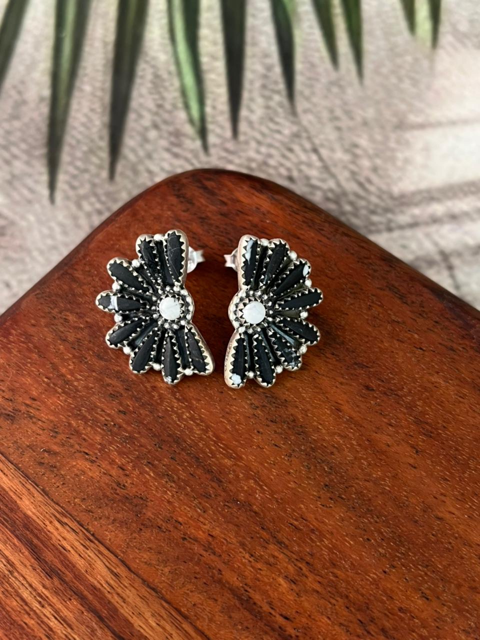 Handmade Sterling Silver White Buffalo Post Studs Earrings "Signed Nizhoni"