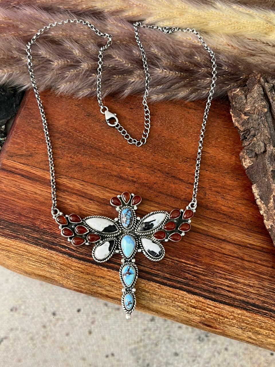 Handmade Sterling Silver Canyon Sunset Collection: Golden Hills Turquoise with White Buffalo and Carnelian Butterfly Necklace "Signed Nizhoni"
