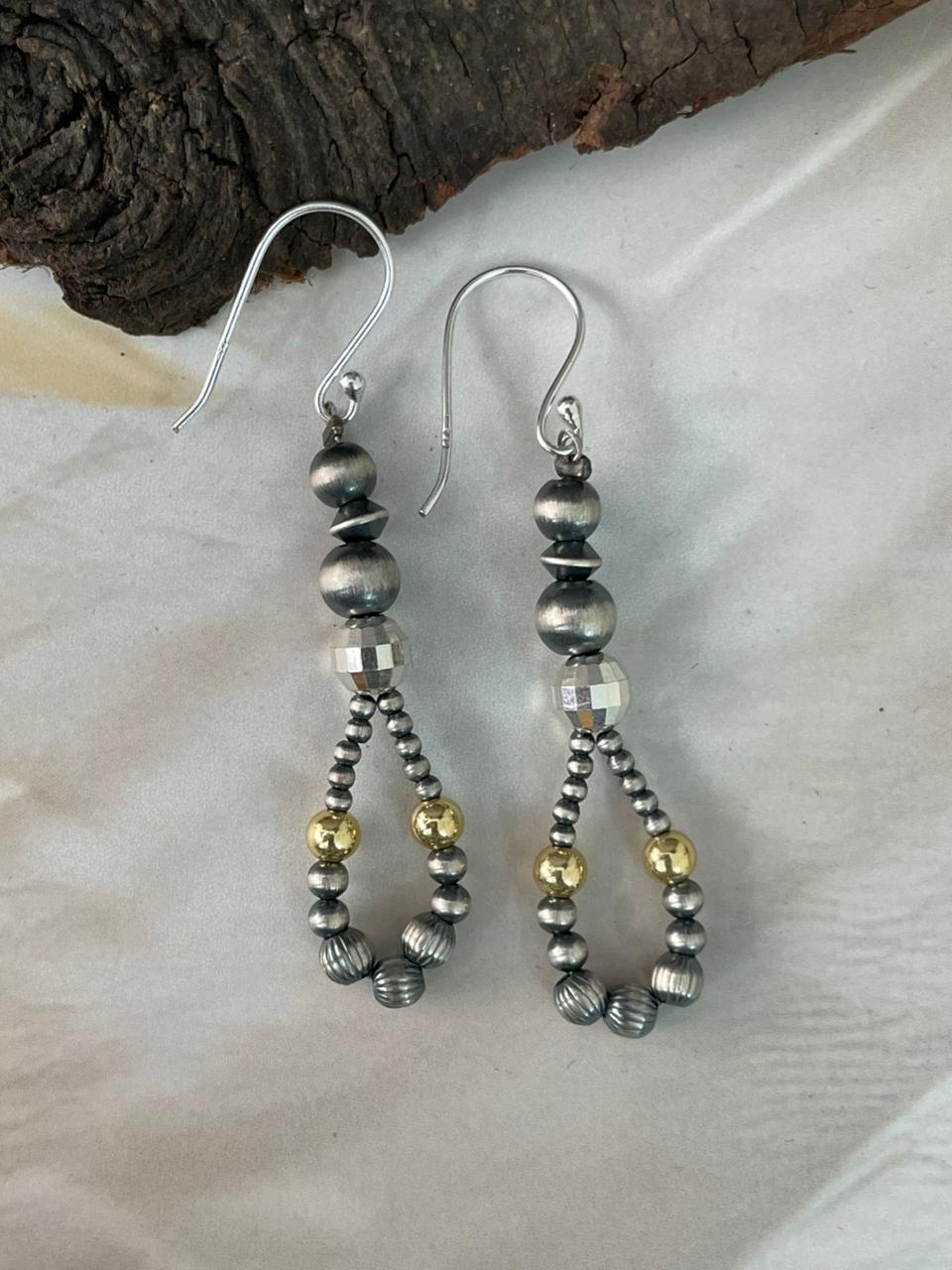 Handmade Sterling Silver Hook Dangle Gold Shiny Beaded Earrings