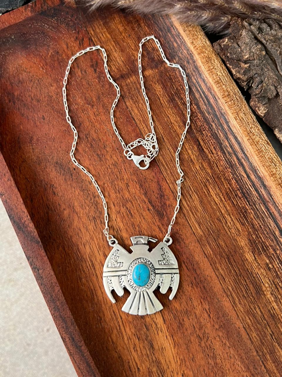 Handmade Sterling Silver Kingman Turquoise Thunderbird Necklace "Signed Nizhoni"