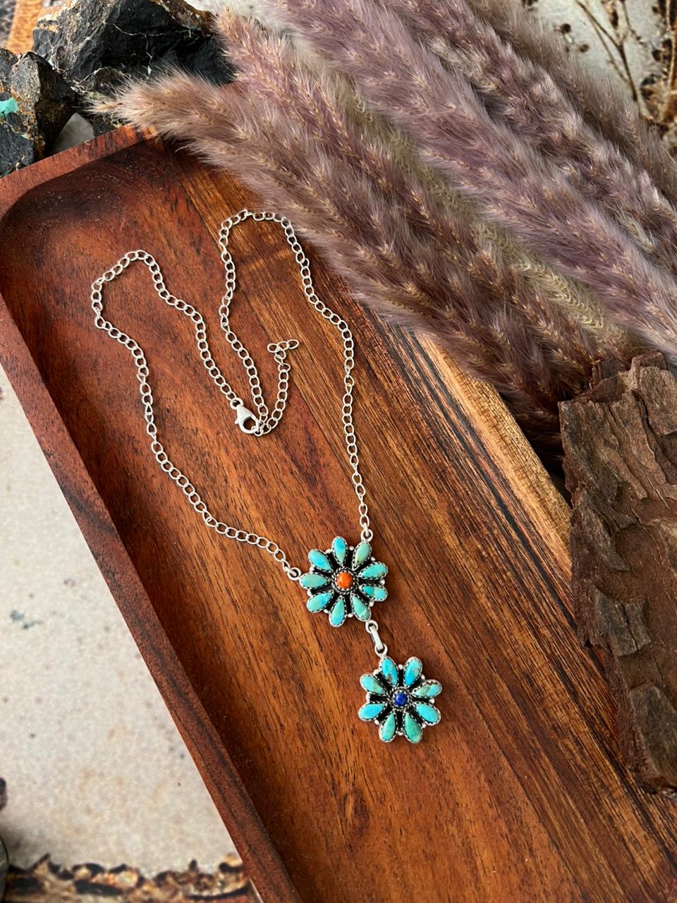 Handmade Sterling Silver Lapis with Kingman Turquoise and Orange Mojave Necklace "Signed Nizhoni"