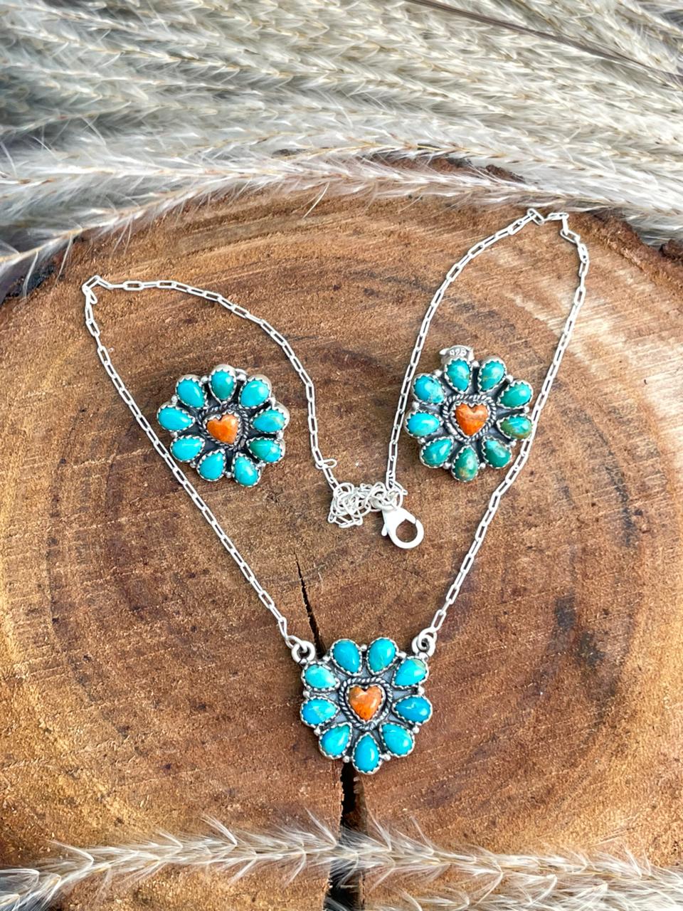 Handmade Sterling Silver Kingman Turquoise with Orange Mojave Necklace Earrings Set "Signed Nizhoni"