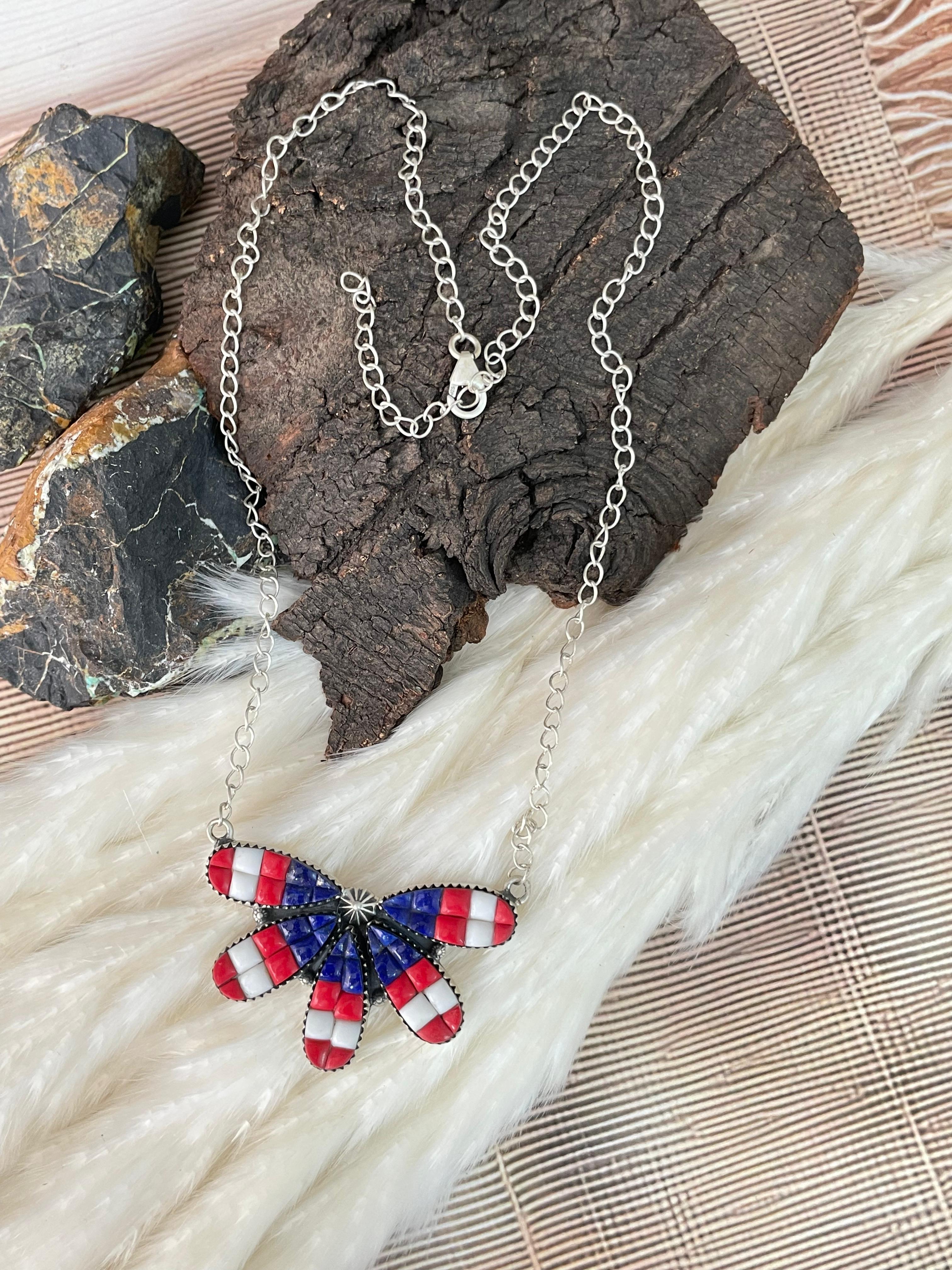 Handmade Sterling Silver 4th Of July Collection: Rosarita with Lapis and White Buffalo Necklace "Signed Nizhoni"
