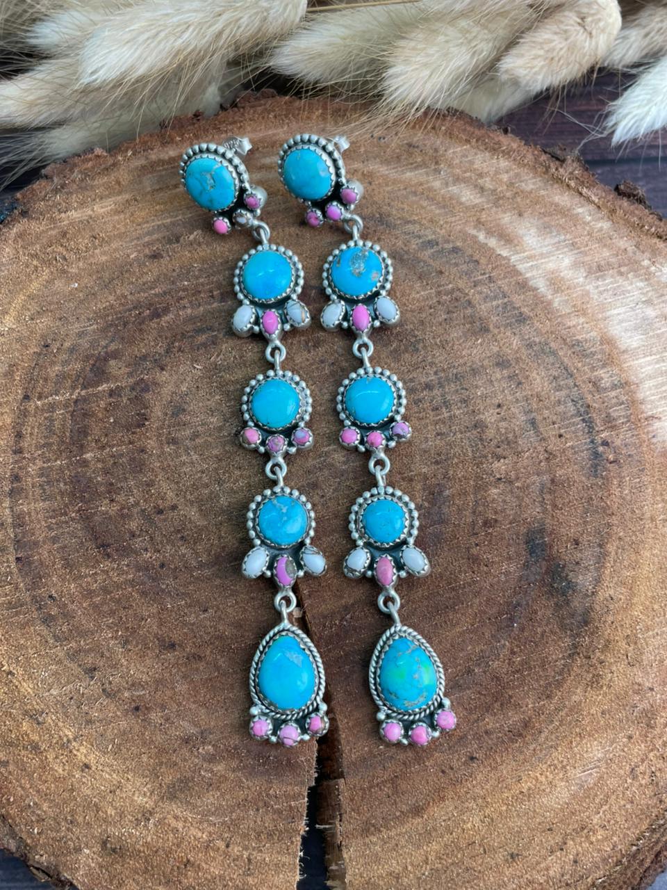 Handmade Sterling Silver Sierra Bella Turquoise with Cotton Candy Collection: Post Dangle Earrings "Signed Nizhoni" (3)