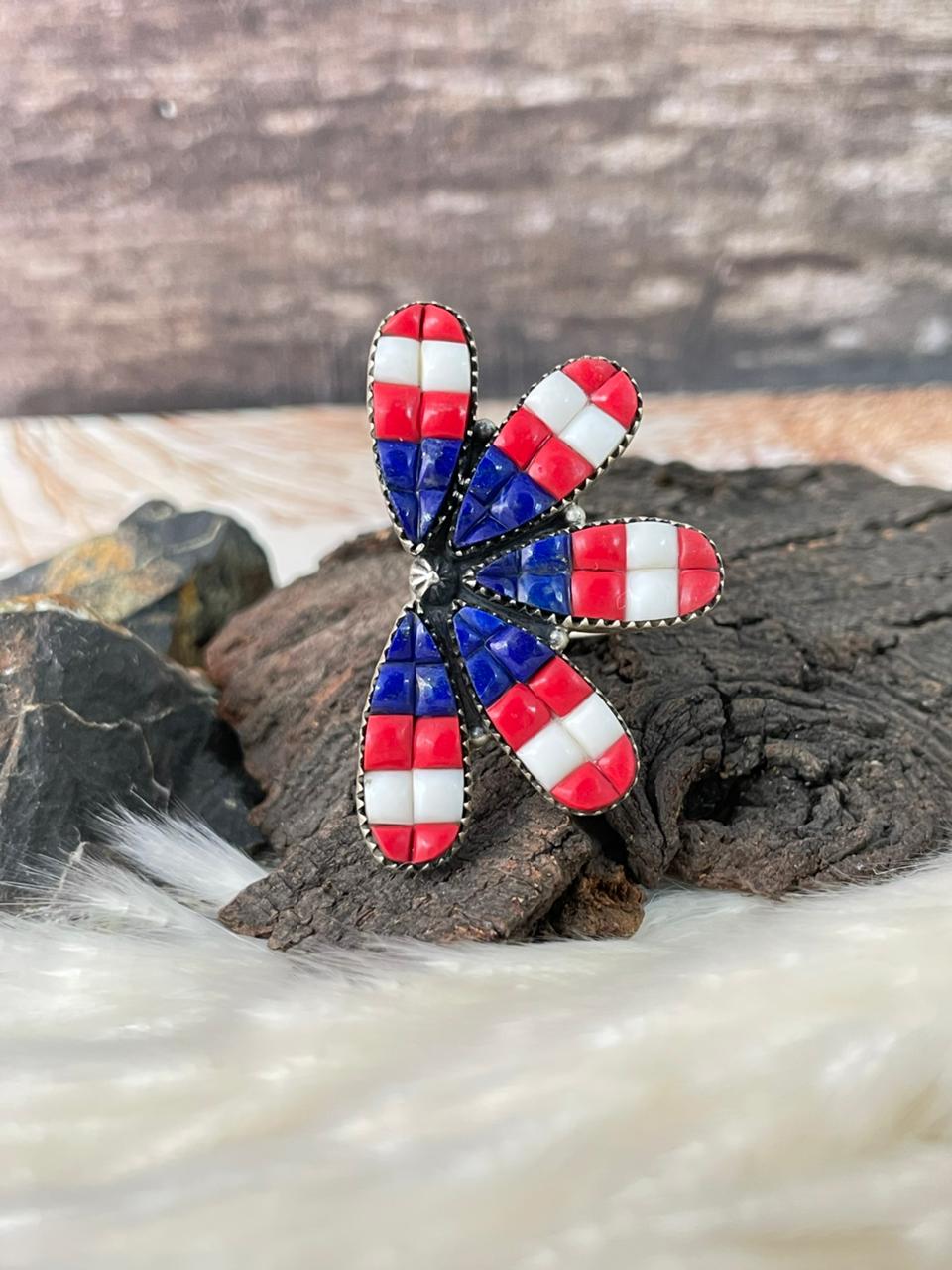 Handmade Sterling Silver 4th Of July Collection: Rosarita with Lapis and White Buffalo Adjustable Ring "Signed Nizhoni"