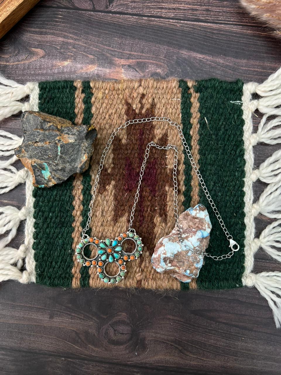 Handmade Sterling Silver Kingman Turquoise with Orange Mojave Necklace "Signed Nizhoni"