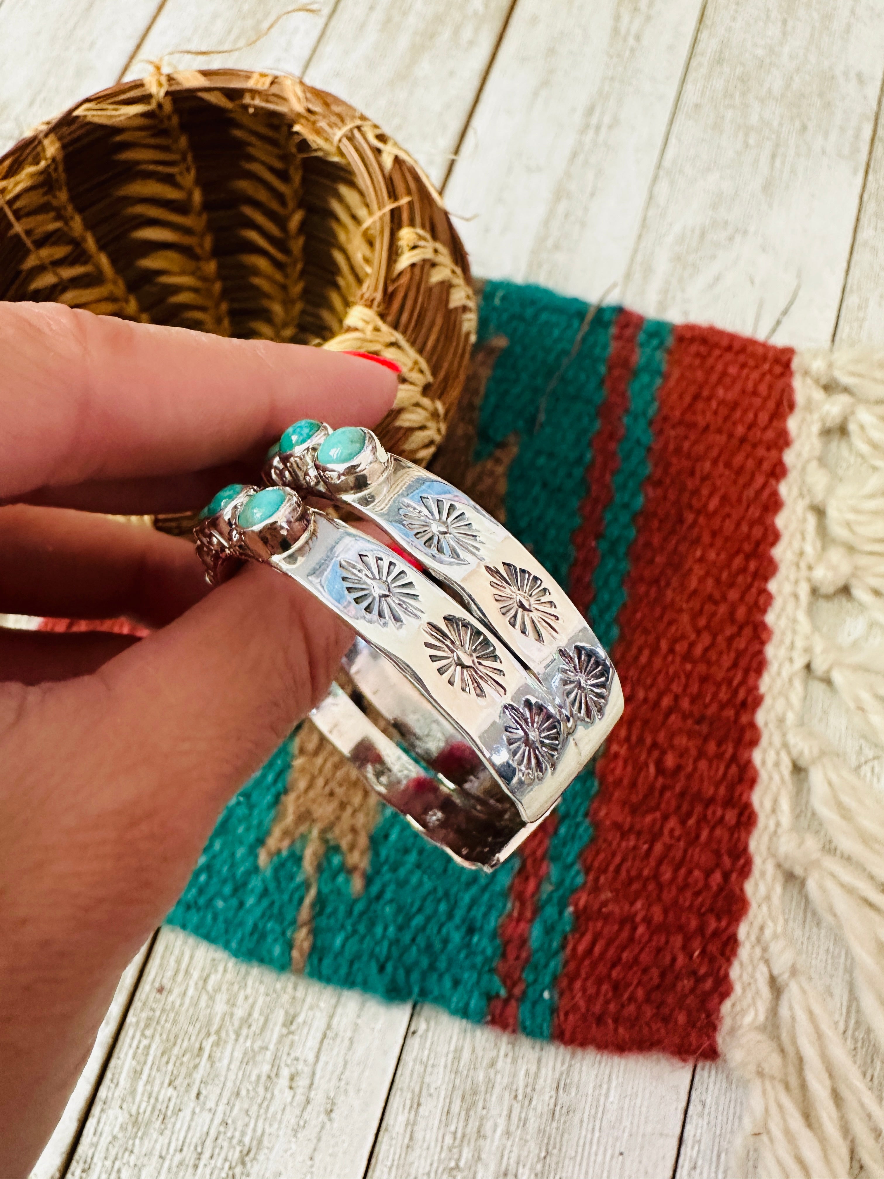 Handcrafted Sterling Silver & Turquoise Two Row Cuff Bracelet /