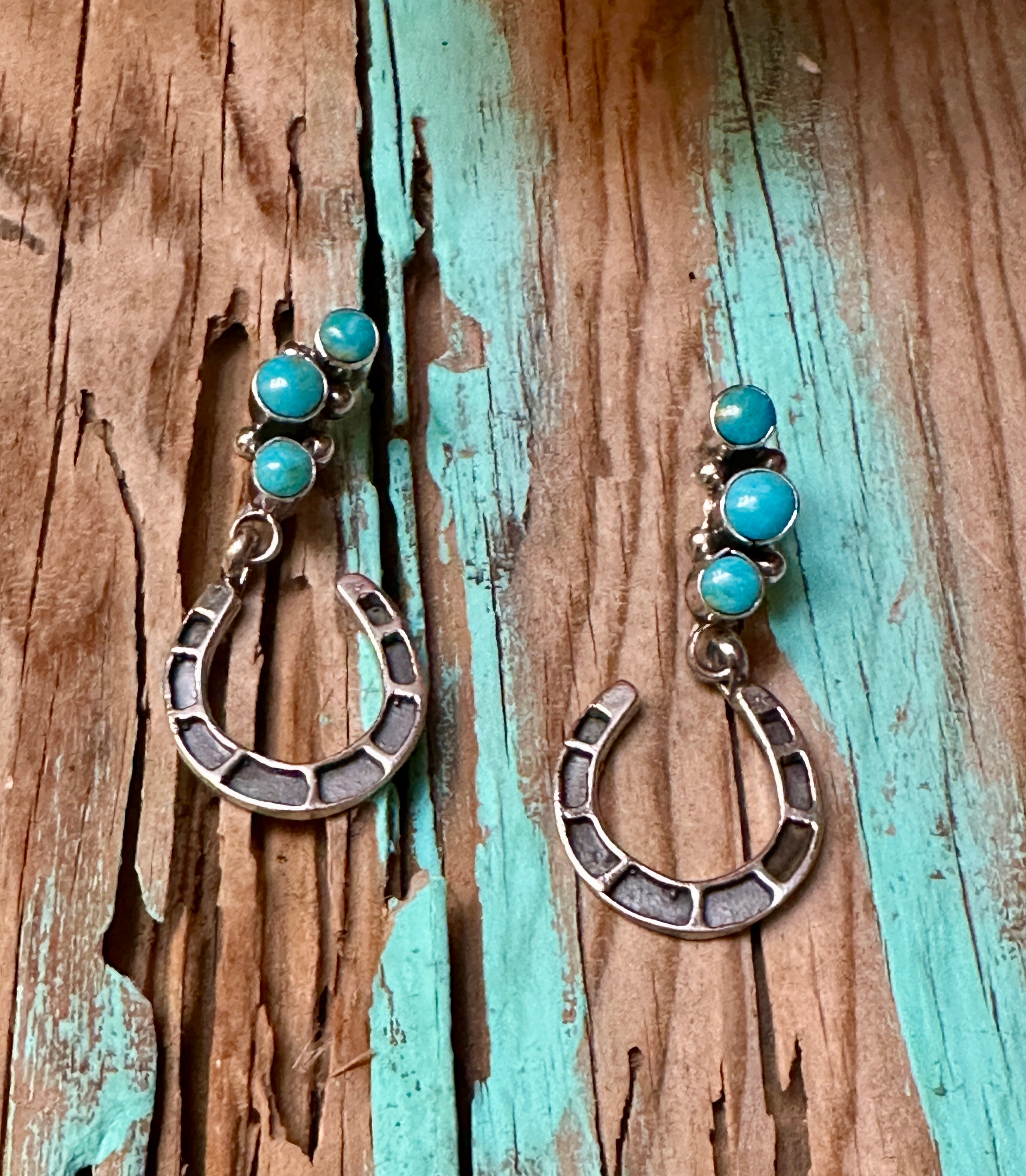 Handcrafted 3 Stone Turquoise & Sterling Silver Horseshoe Earrings