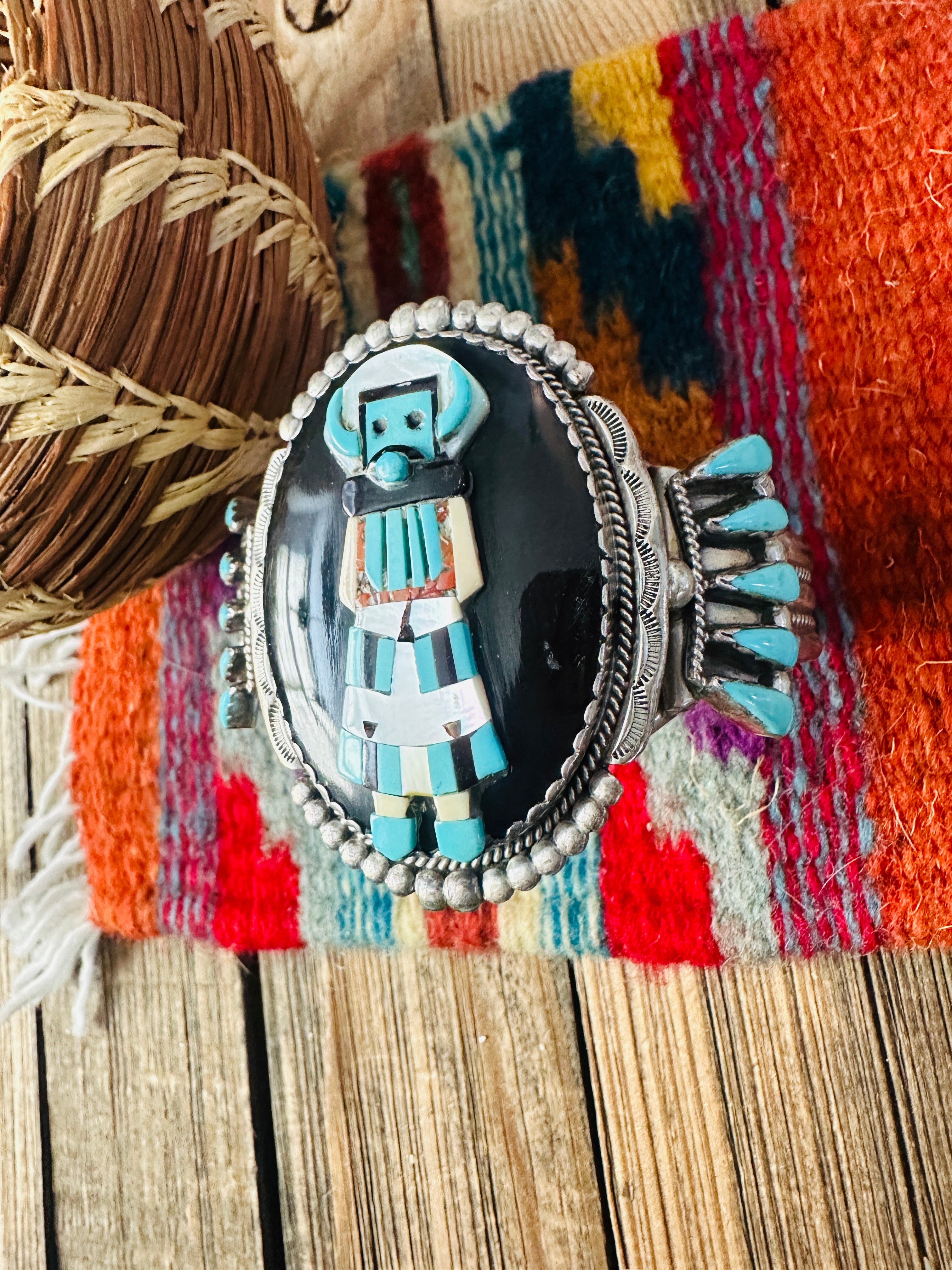 Handcrafted Old Pawn Sterling Silver & Multi Stone Inlay Kachina Cuff Bracelet