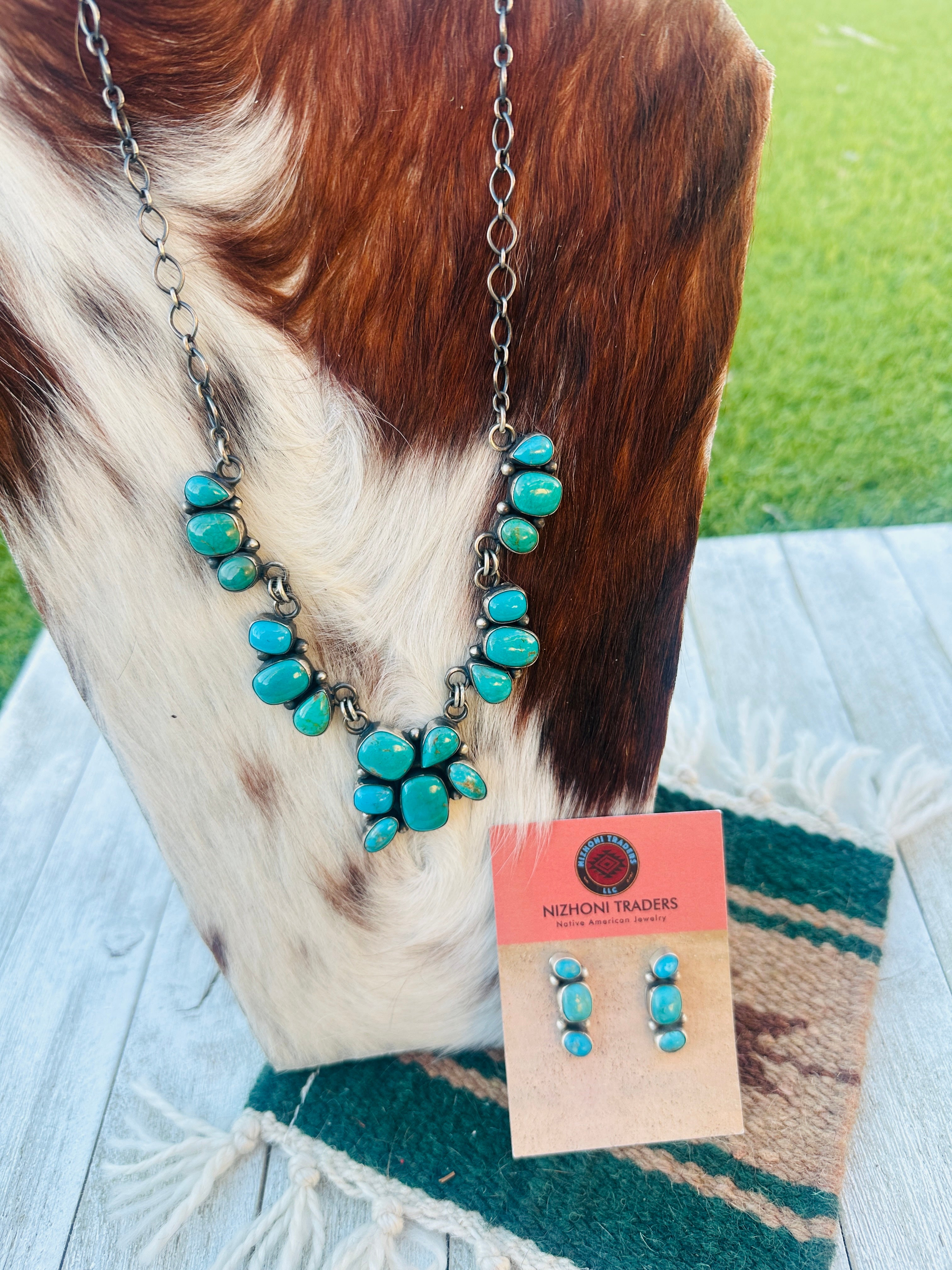 Handcrafted Turquoise & Sterling Silver Necklace and Earring Set by Bea Tom