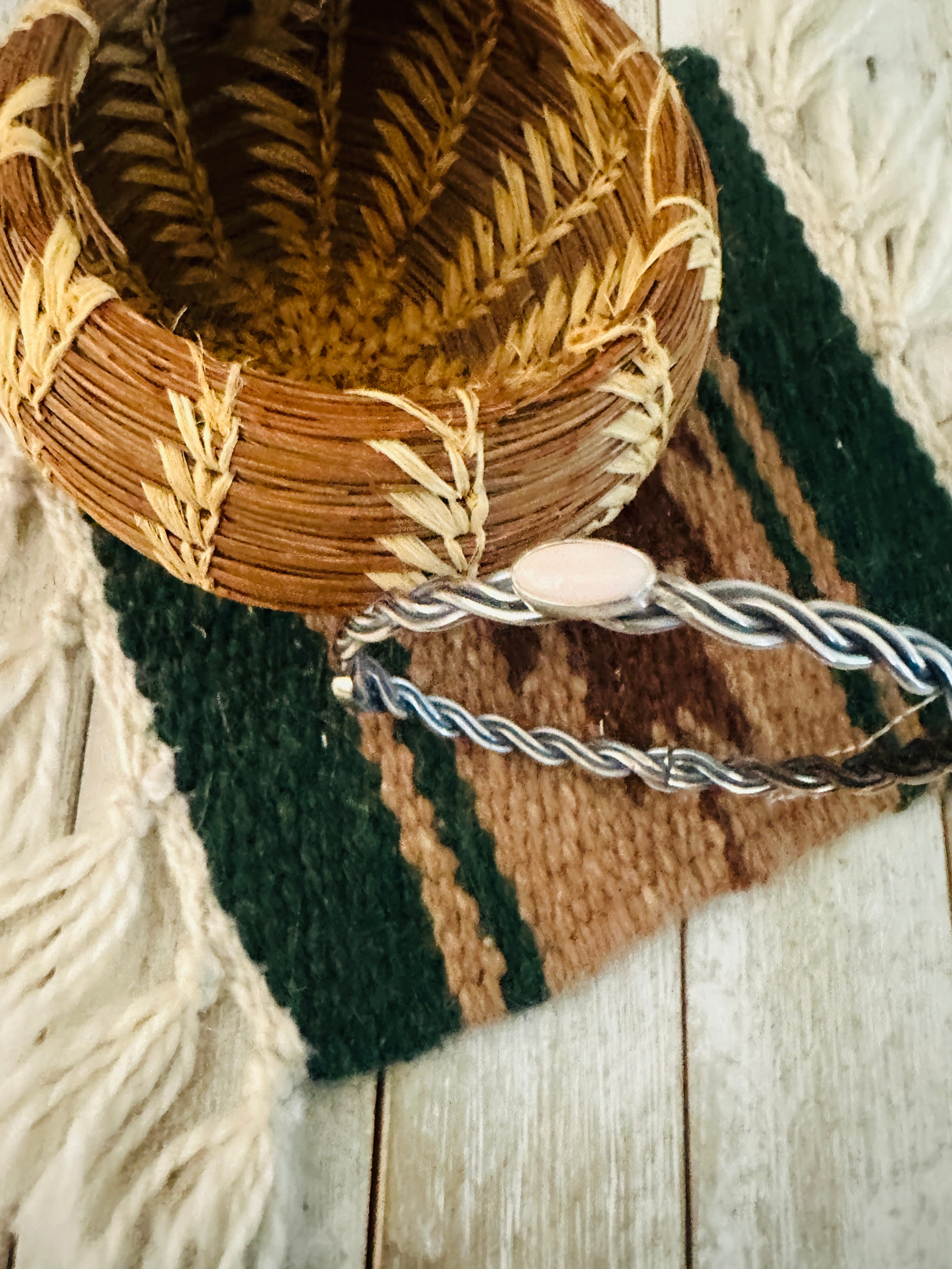 Handcrafted Twisted Sterling Silver & Queen Pink Conch Shell Bangle Bracelet