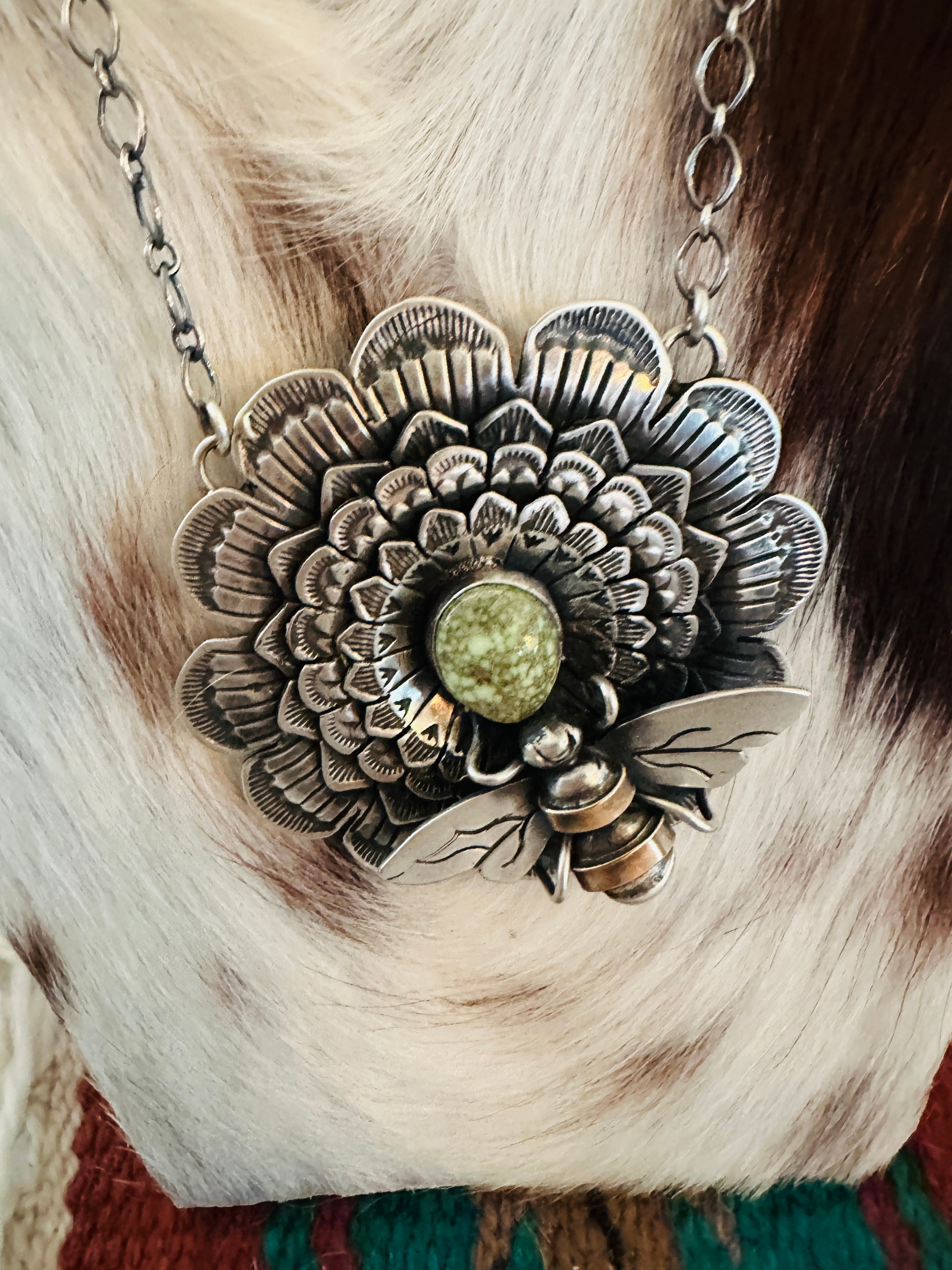 Handcrafted Sterling Silver and Turquoise Sunflower Necklace with Bee by Russell Sam