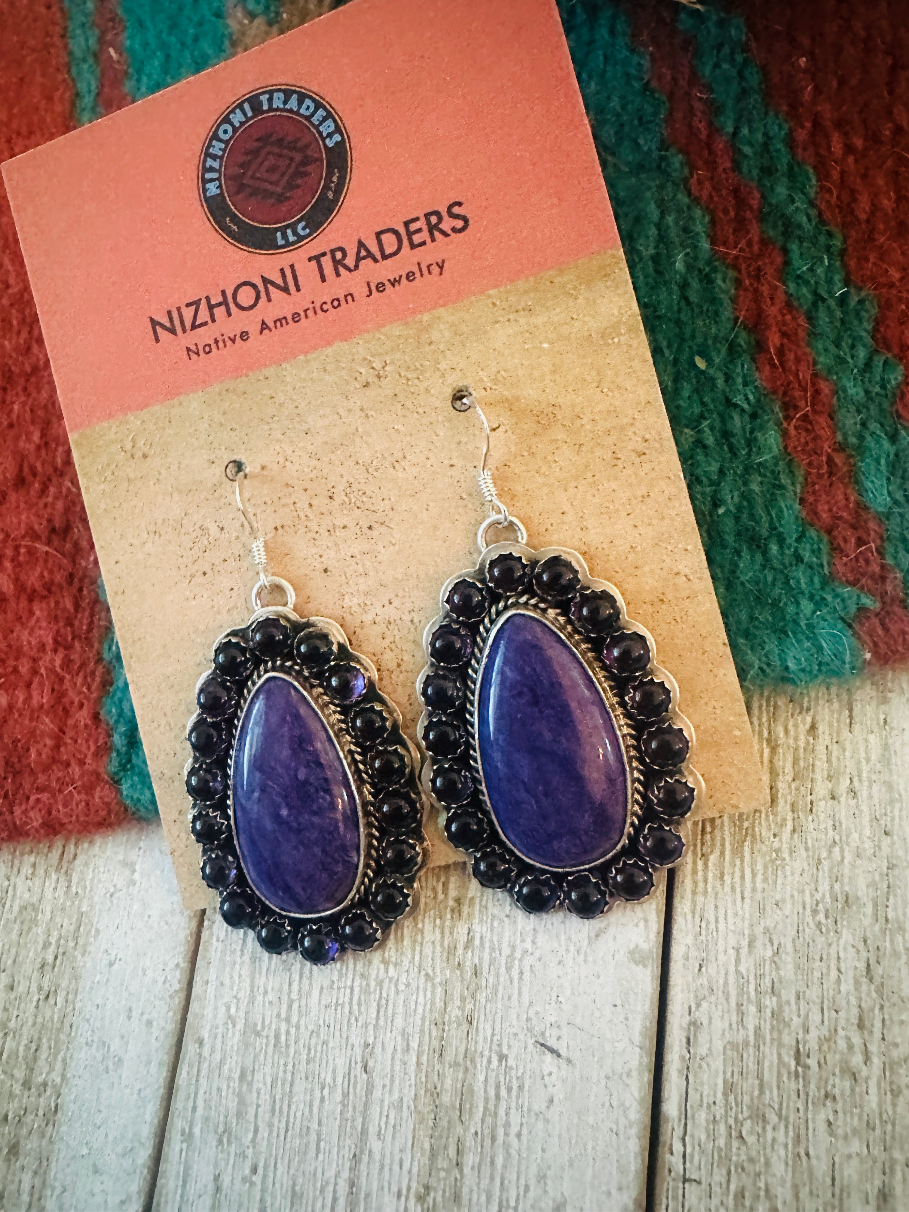 Navajo Sterling Silver, Charoite & Amethyst Cluster Dangle Earrings