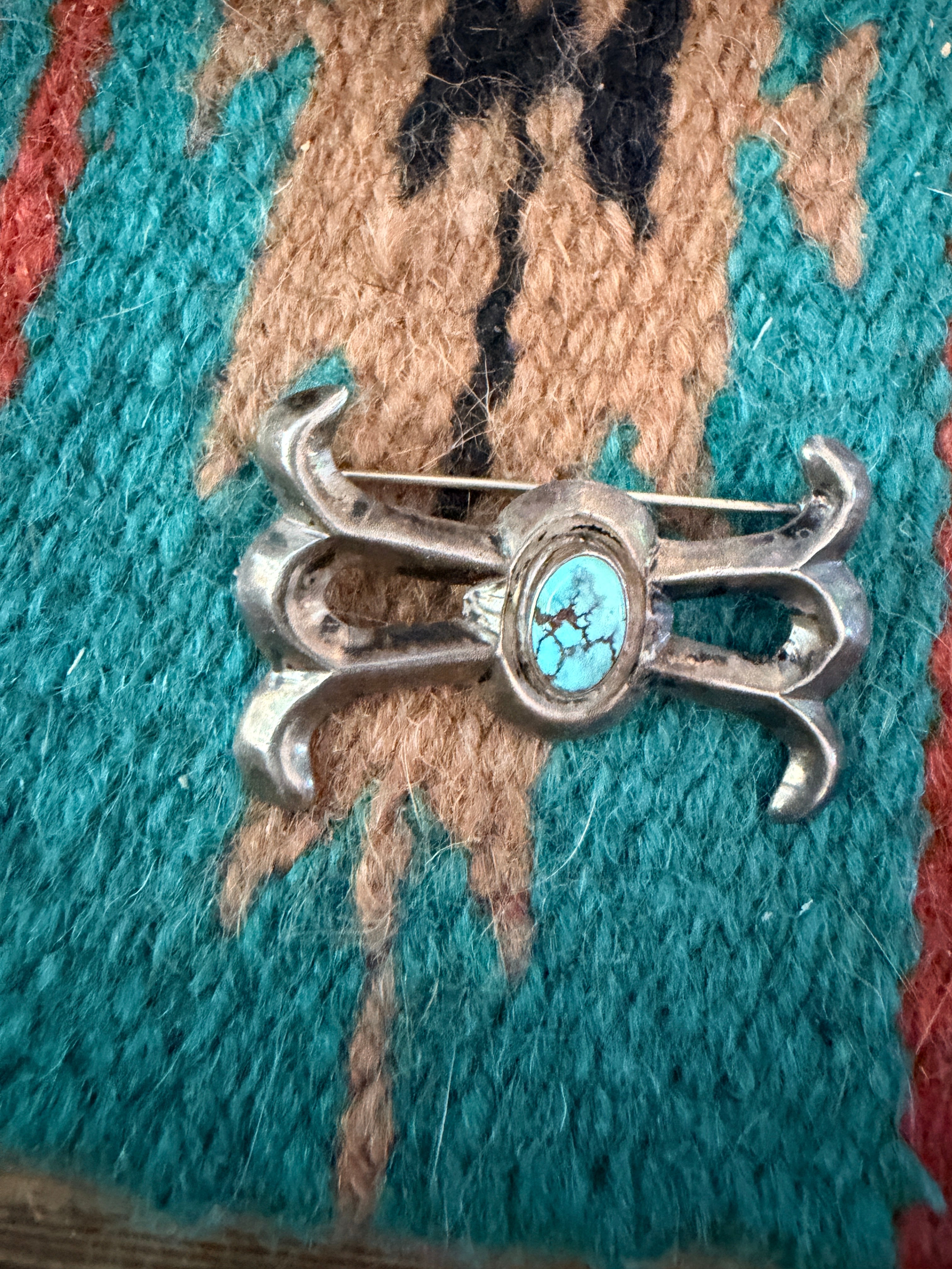 Old Pawn Handcrafted Turquoise and Sterling Silver Brooch