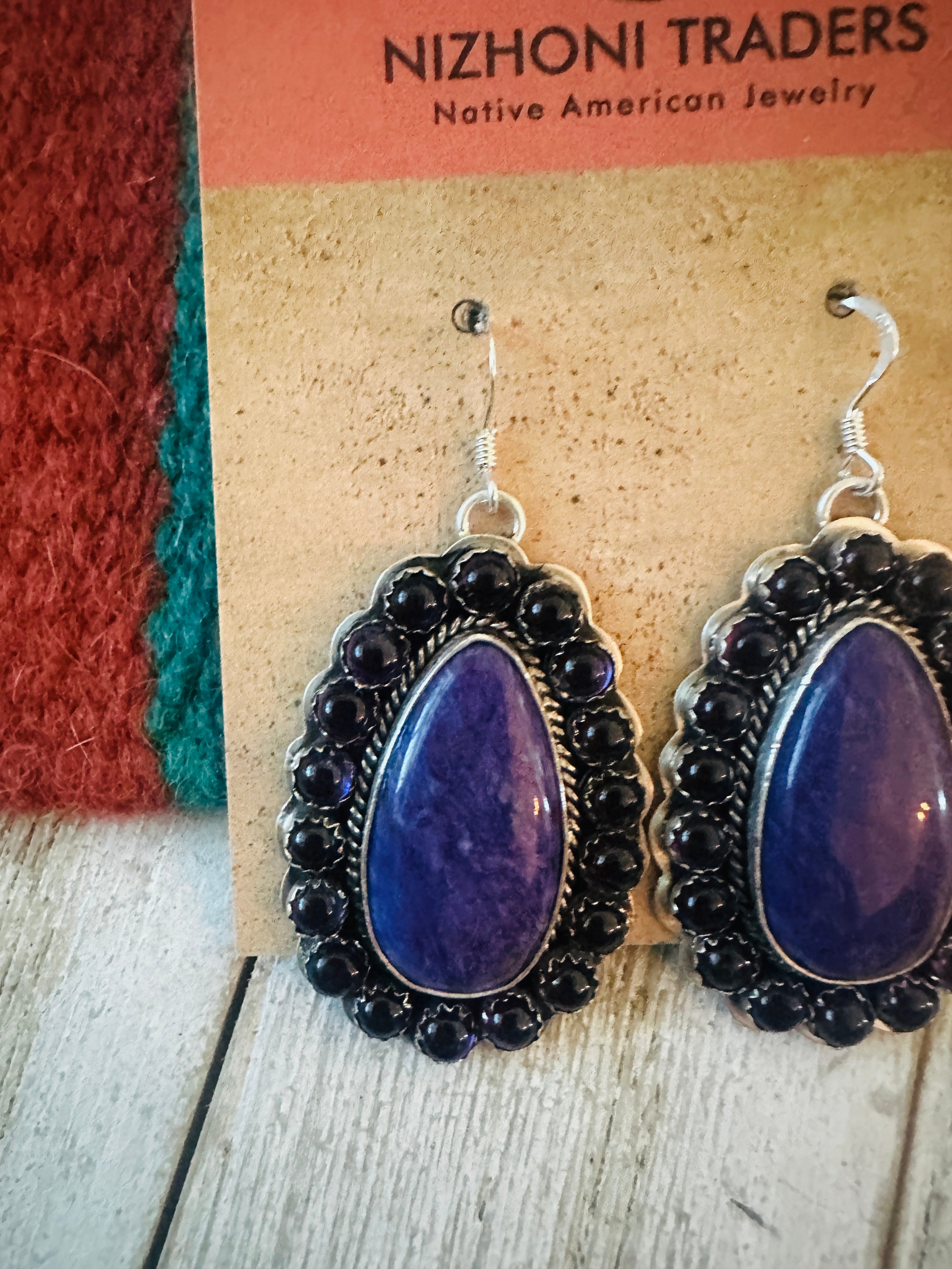 Navajo Sterling Silver, Charoite & Amethyst Cluster Dangle Earrings