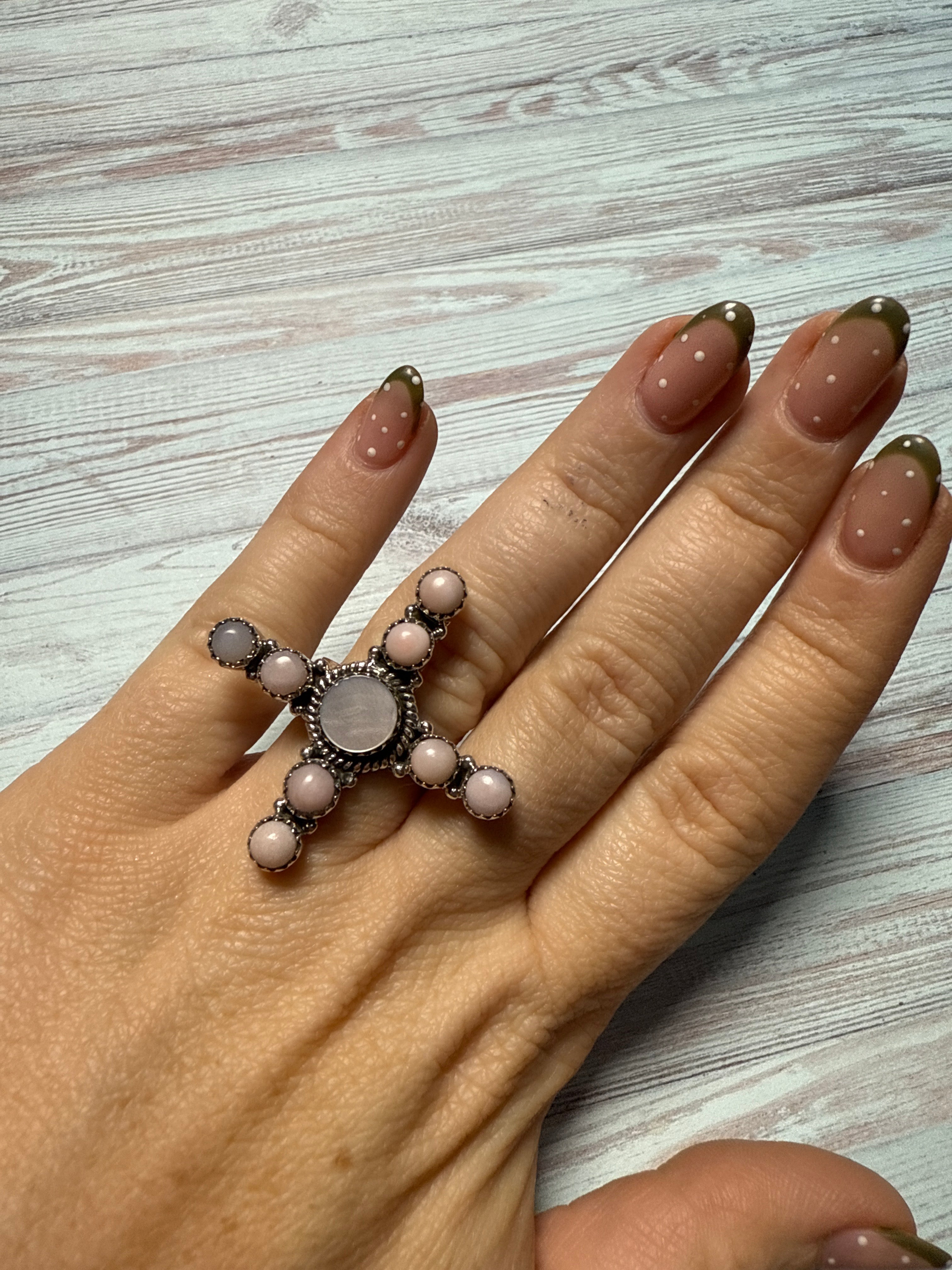 Handmade Pink Conch, Mother of Pearl, Sterling Silver Adjustable Ring