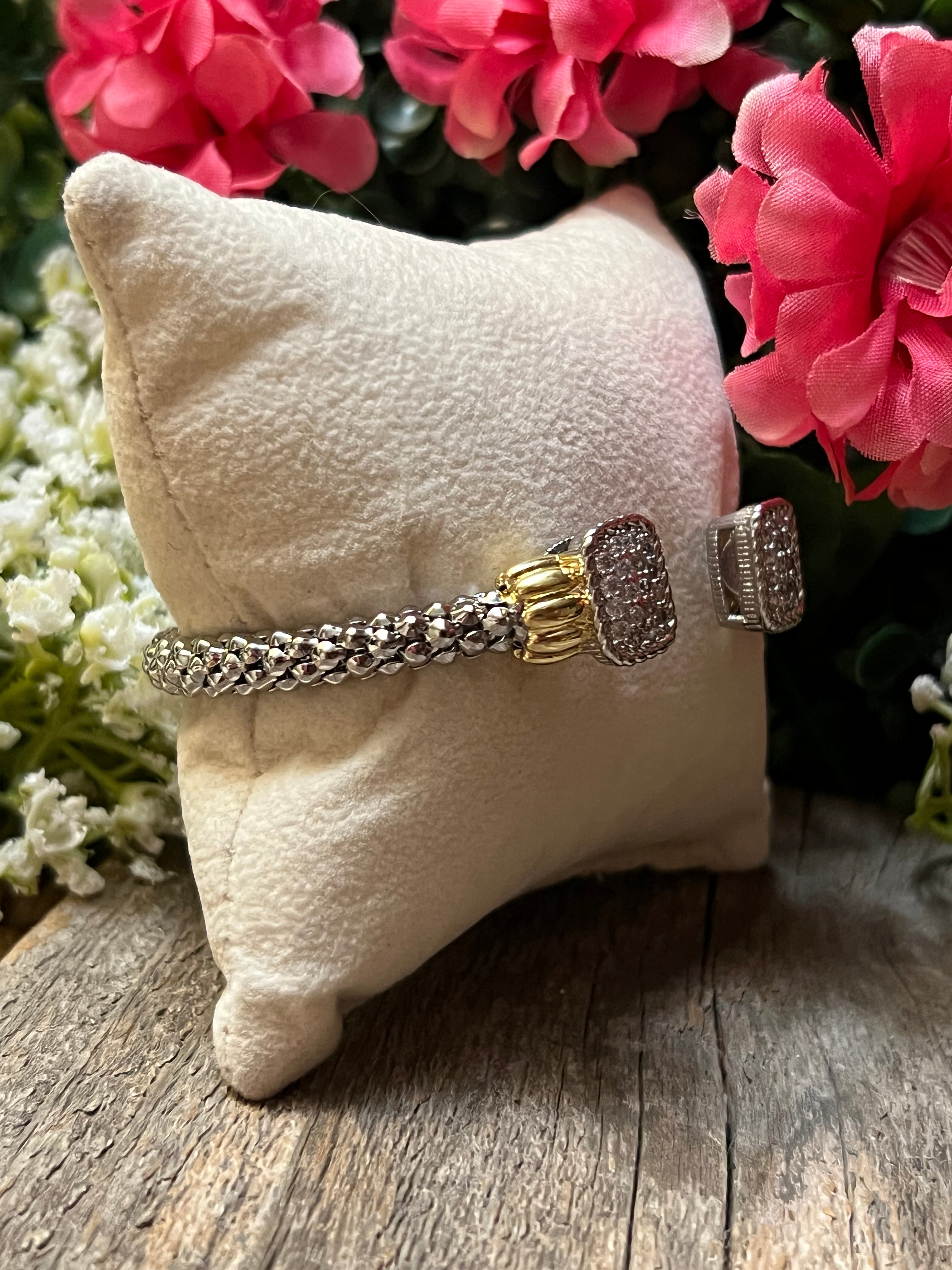 Silver & 14k Gold Plated Two Tone Popcorn Rectangle Shaped CZ Bangle Bracelet