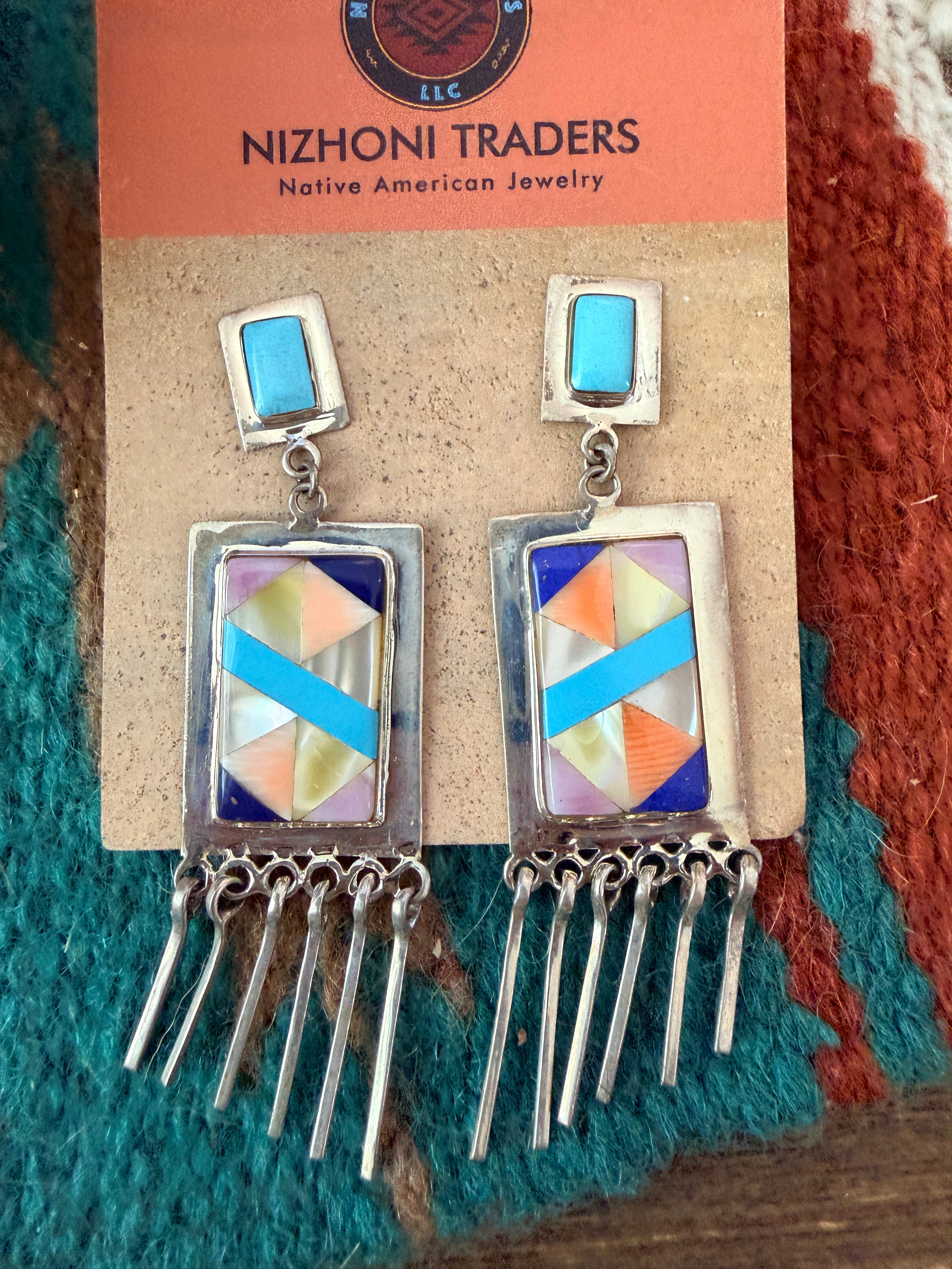 Old Pawn Handcrafted Sterling Silver & Multi Stone Inlay Tassel Dangle Earrings