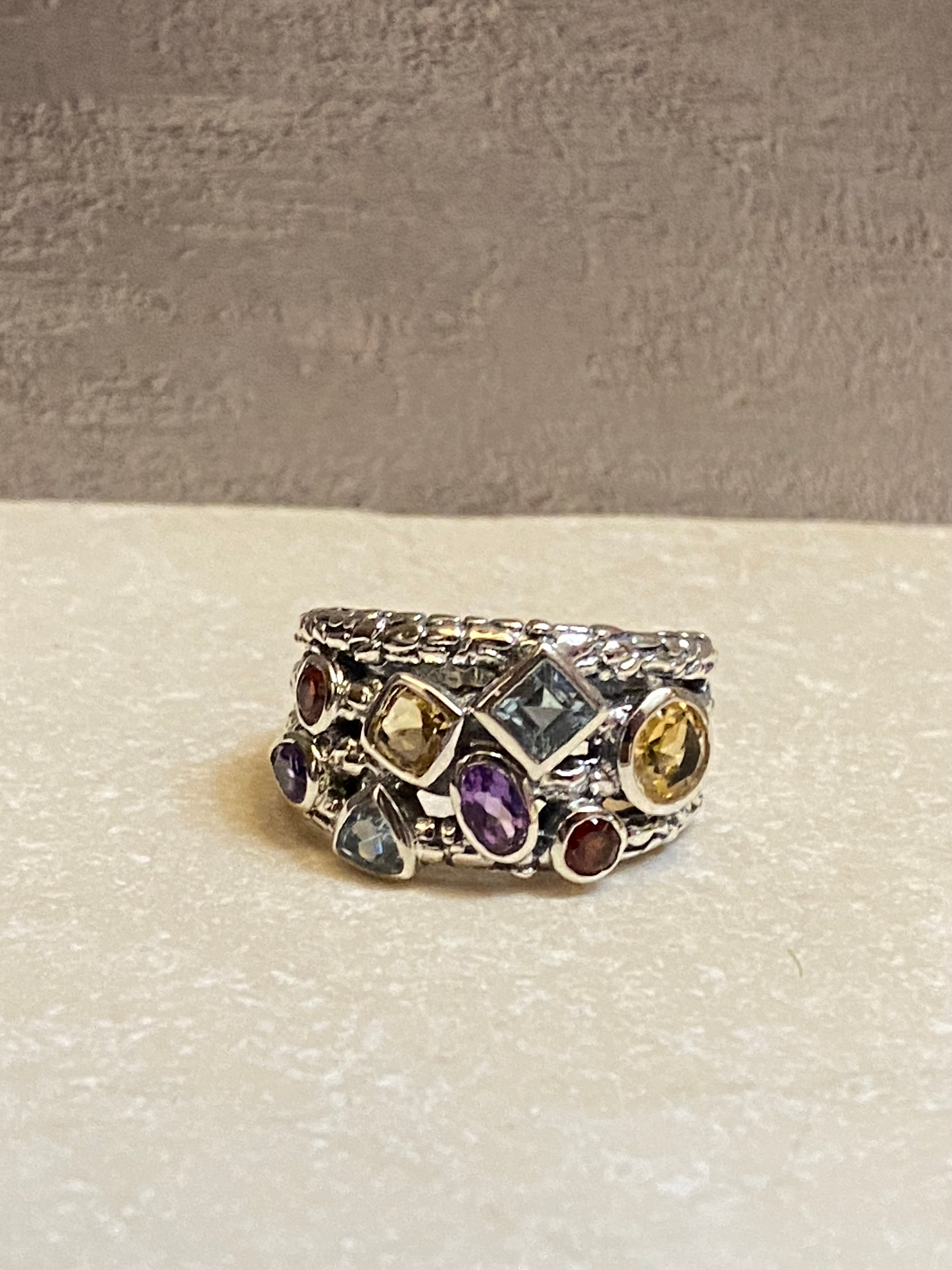 Sterling Silver Amethyst, Blue Topaz, Citrine, & Garnet Ring Size 8.5
