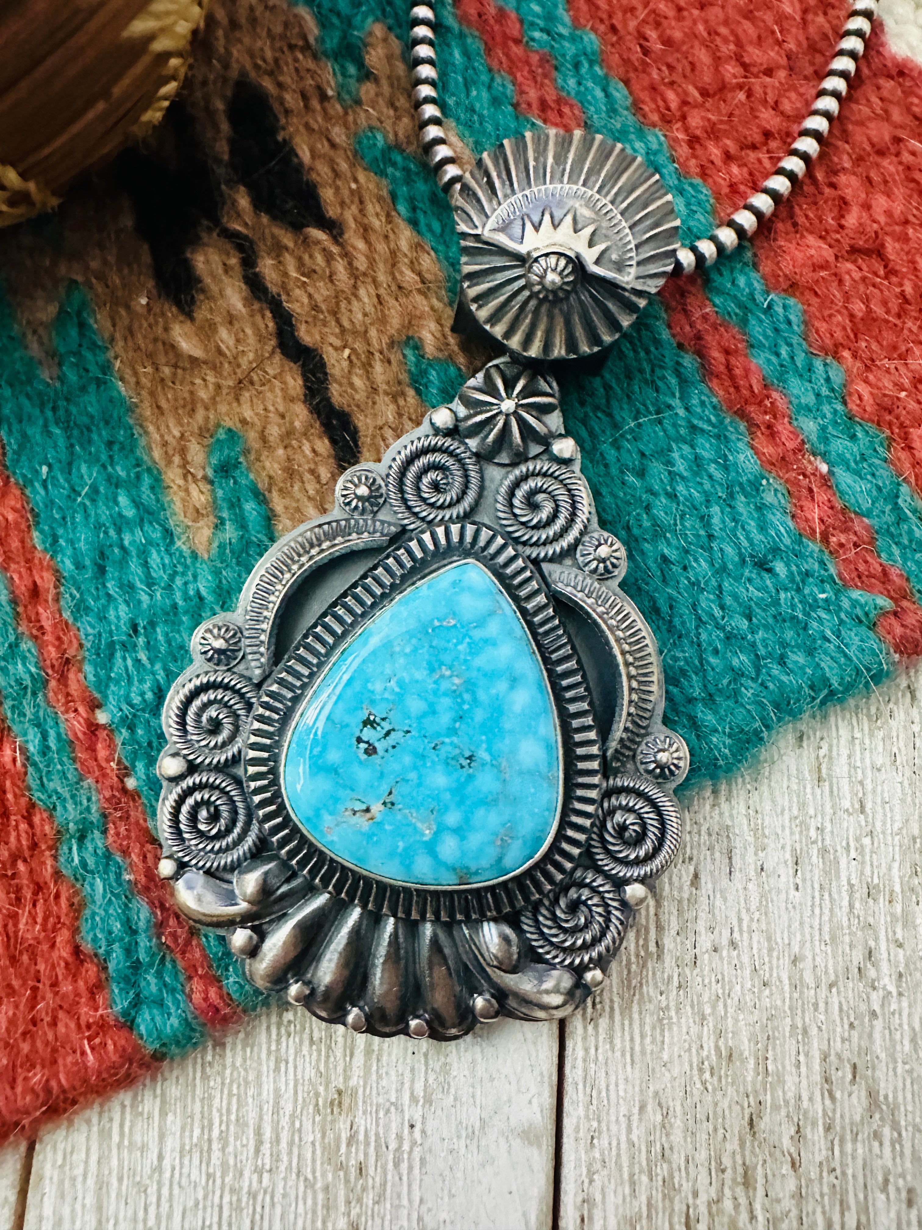 Handcrafted Sterling Silver & Kingman Turquoise Pendant by Delbert Gordon