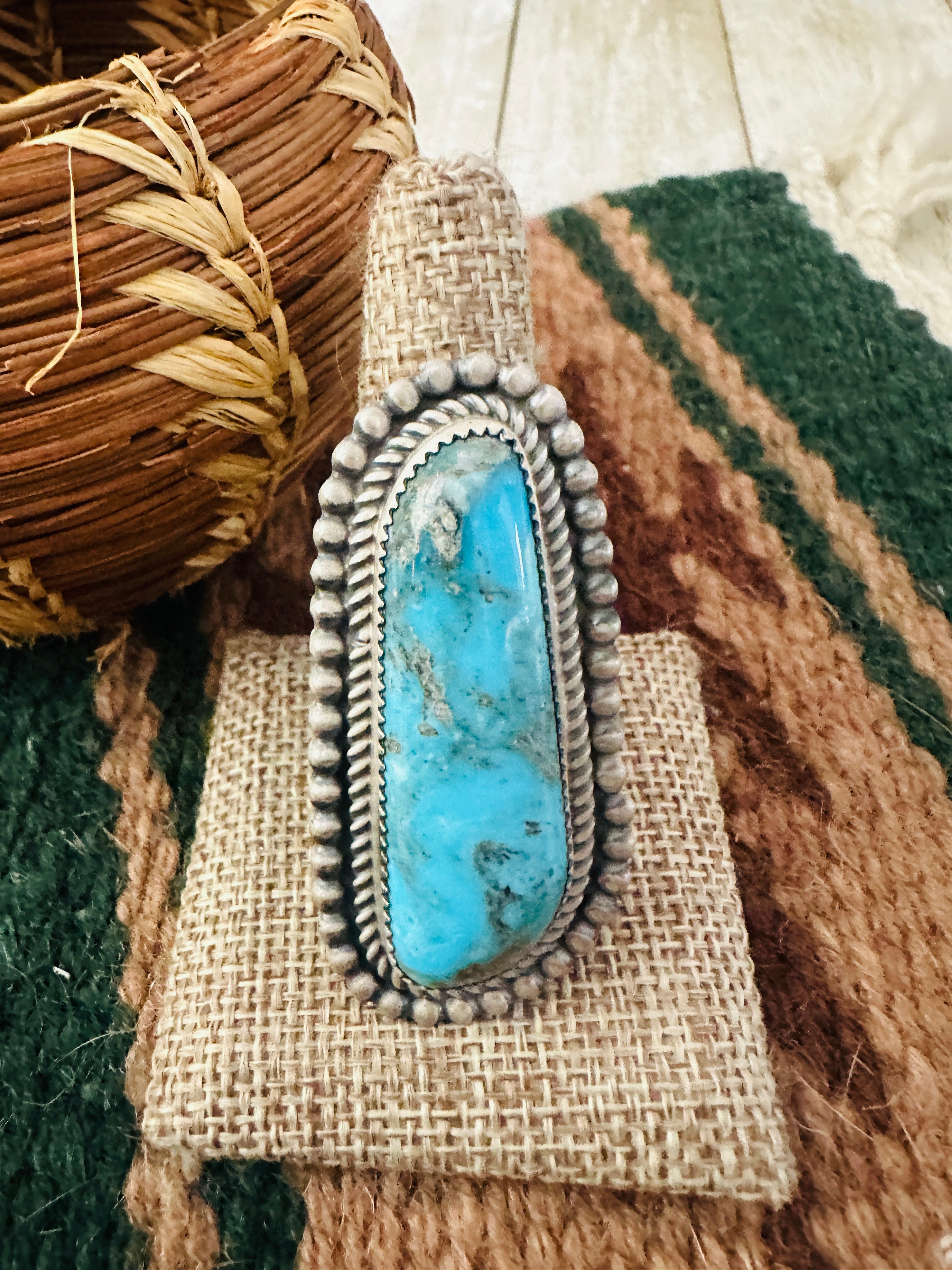 Hand Crafted Turquoise & Sterling Silver Ring Size 10 by Leslie Nez