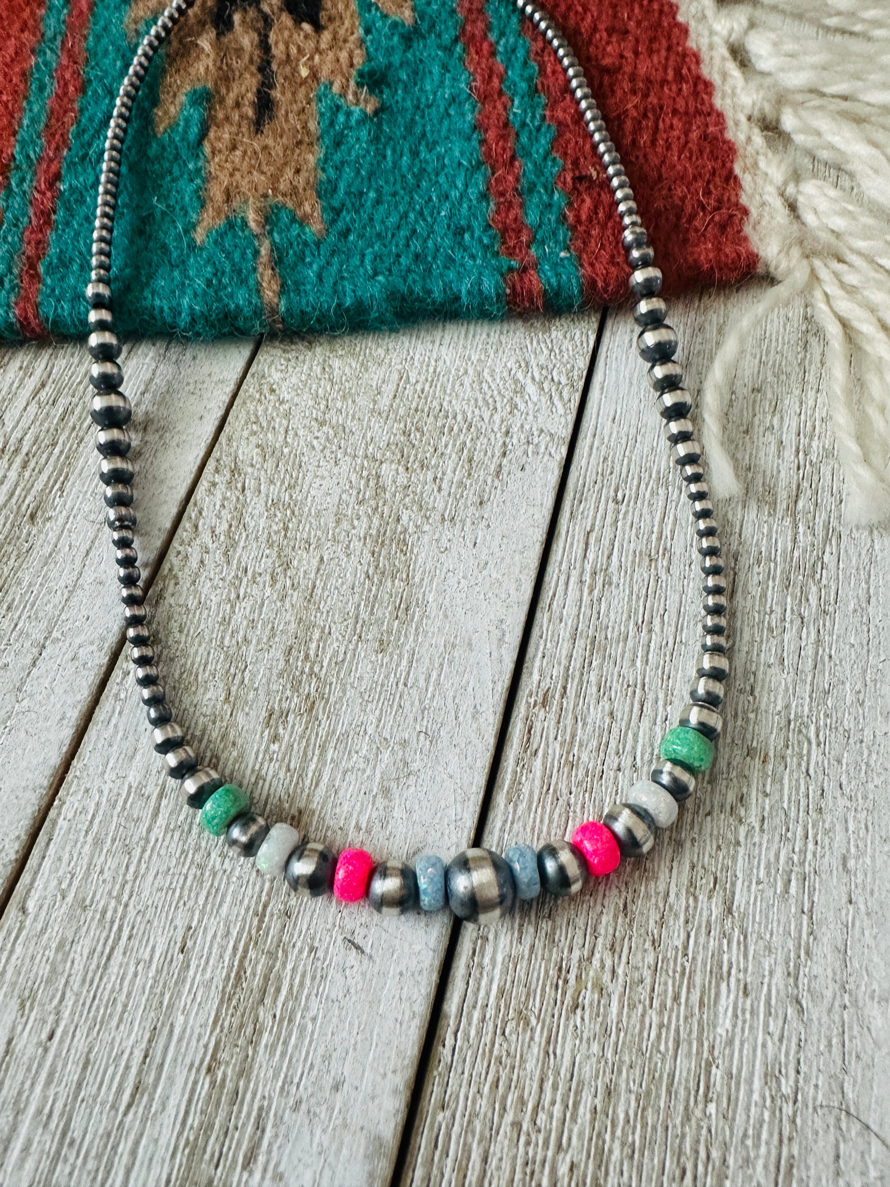 Handcrafted Sherbet Opal & Sterling Silver Beaded Necklace 18”