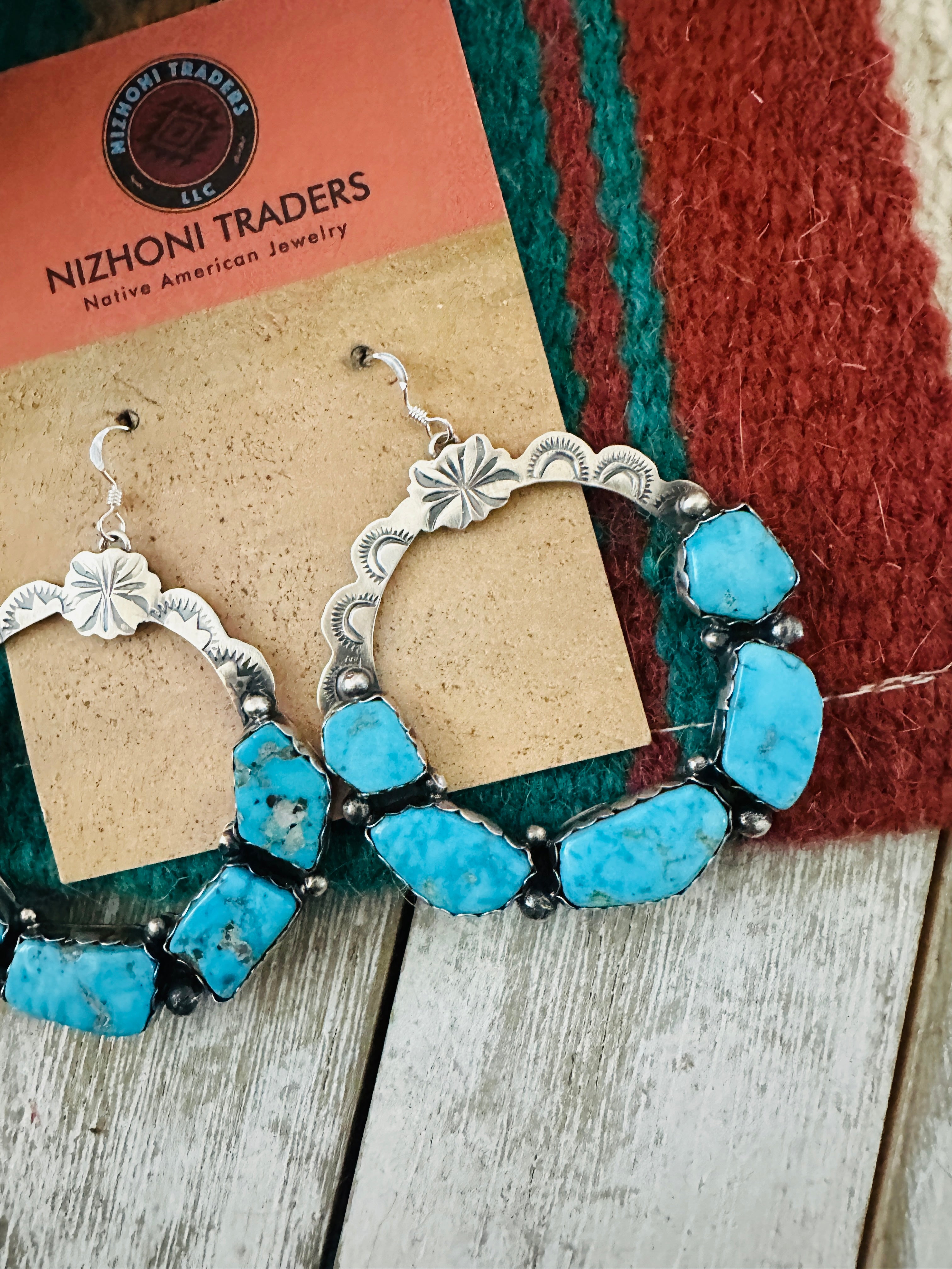 Handcrafted Turquoise & Sterling Silver Dangle Hoop Earrings