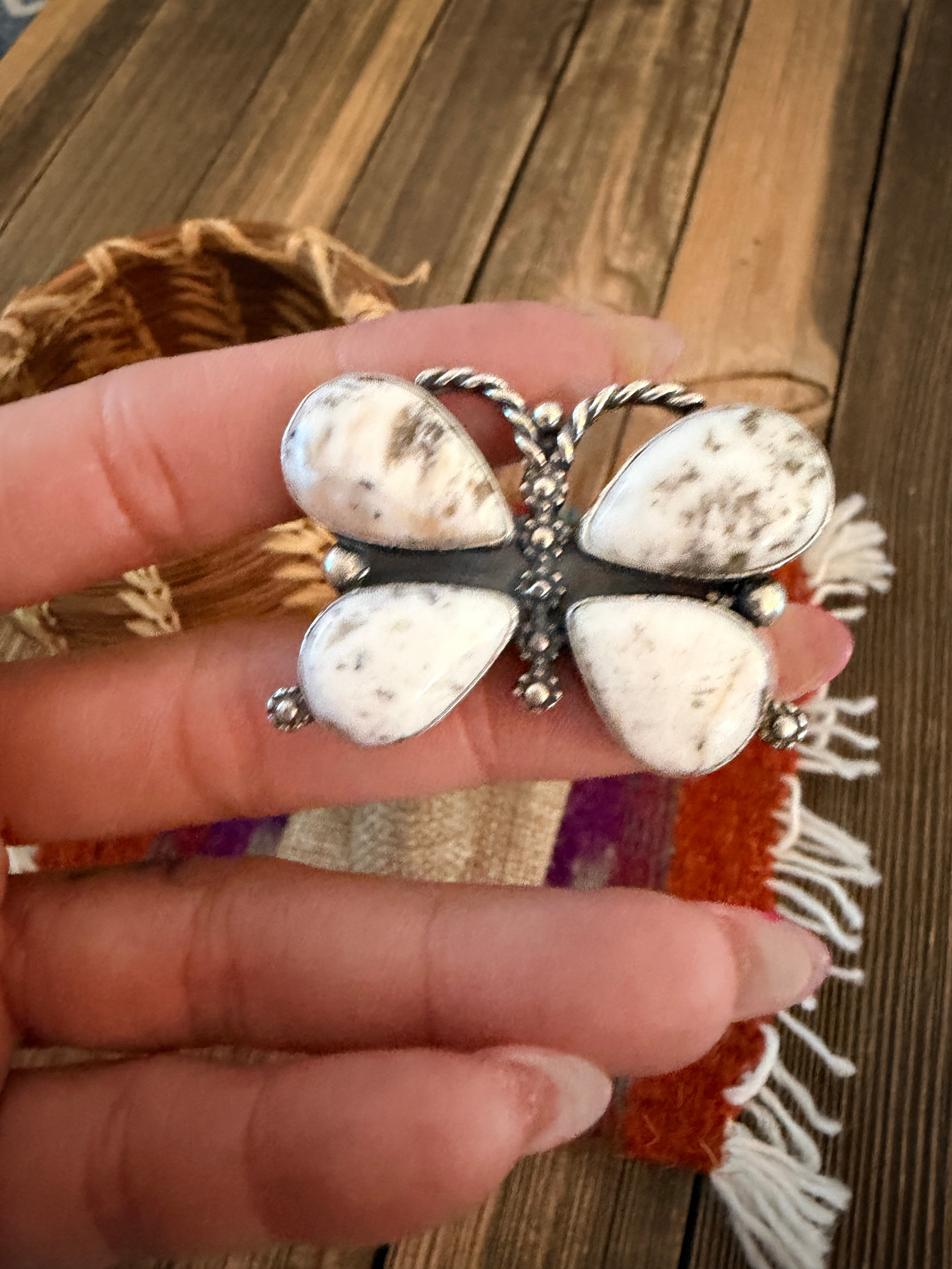 Handcrafted White Buffalo & Sterling Silver Adjustable Butterfly Ring