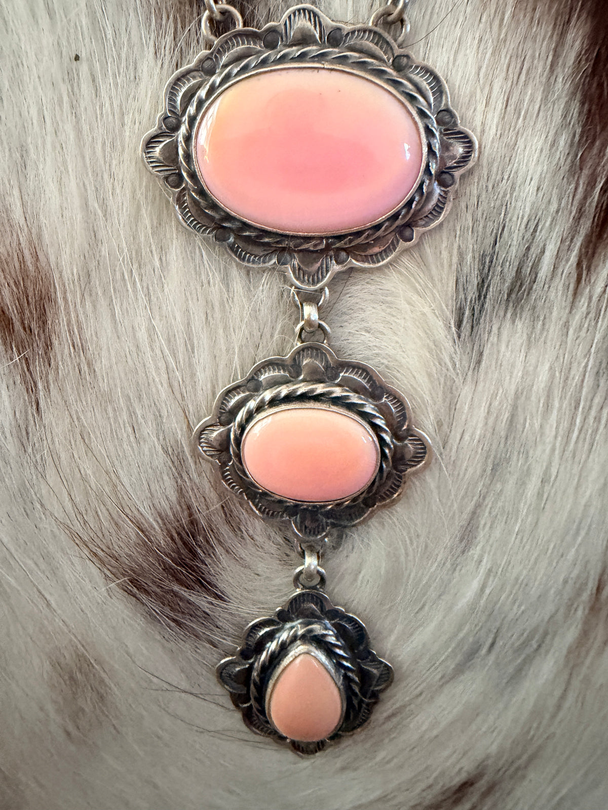 Handcrafted Queen Pink Conch & Sterling Silver Lariat Necklace by Larry Kaye