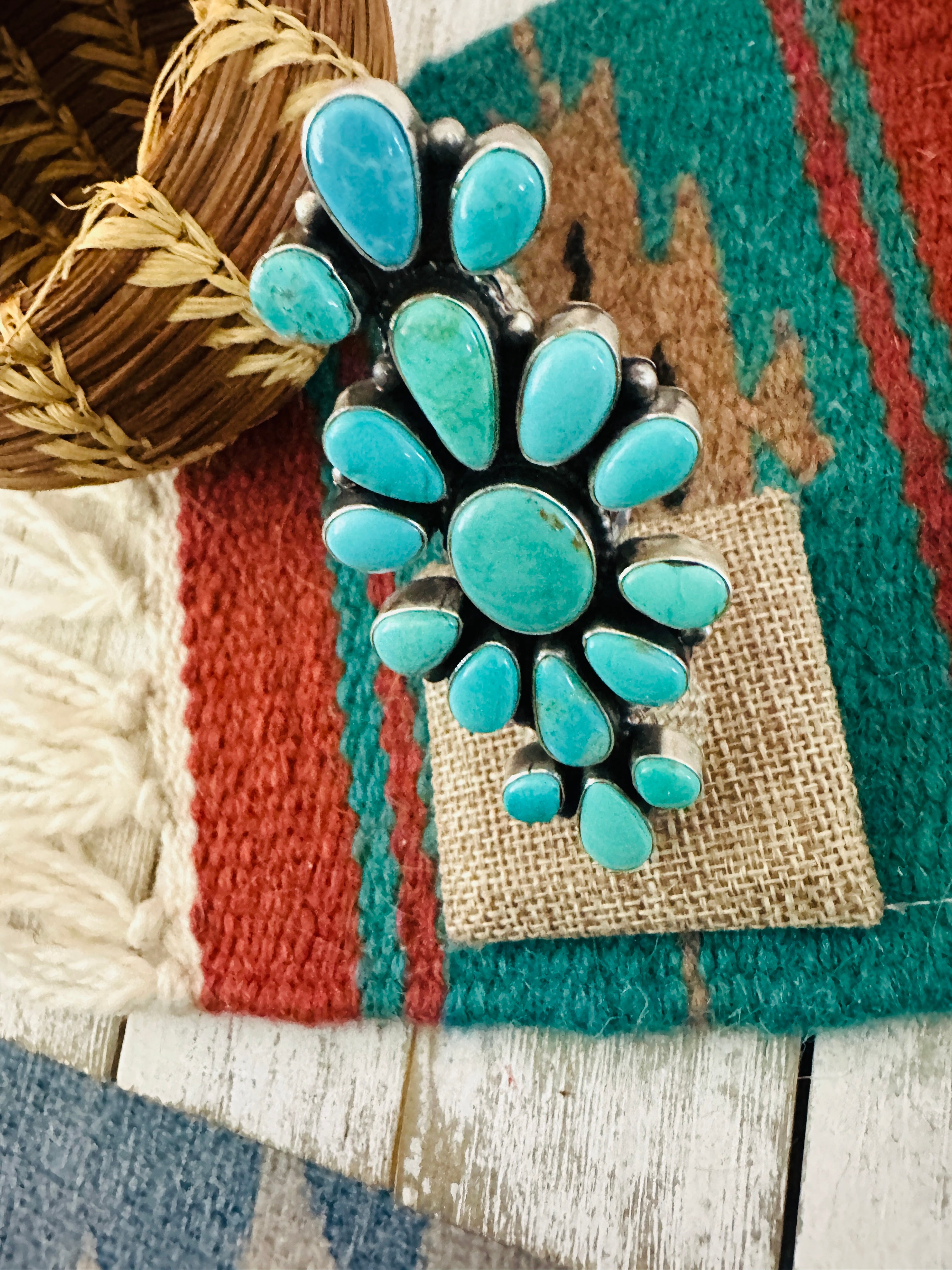 Handcrafted Sterling Silver & Turquoise Cluster Ring Size 6