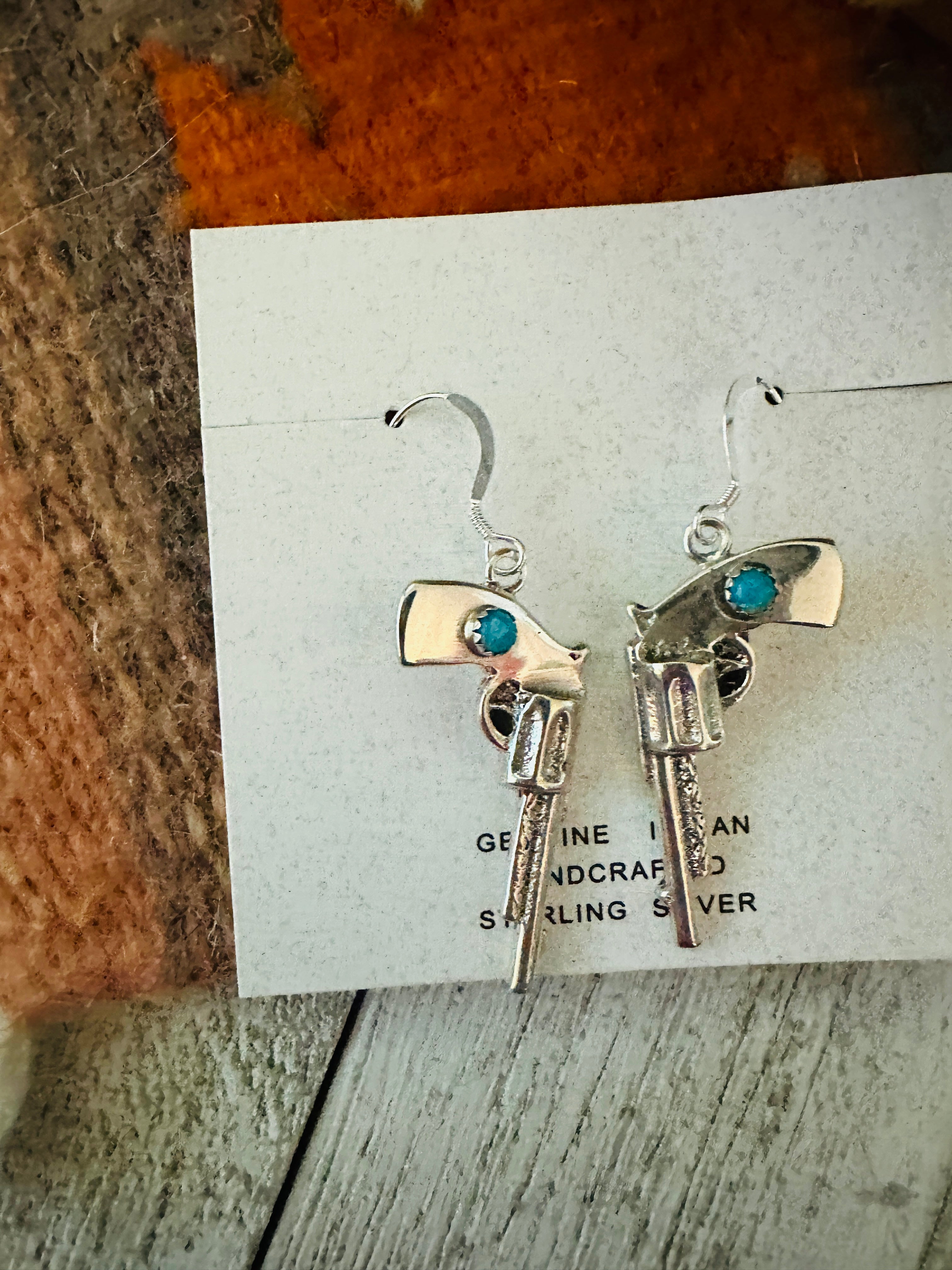 Handcrafted Turquoise And Sterling Silver Pistol Dangle Earrings