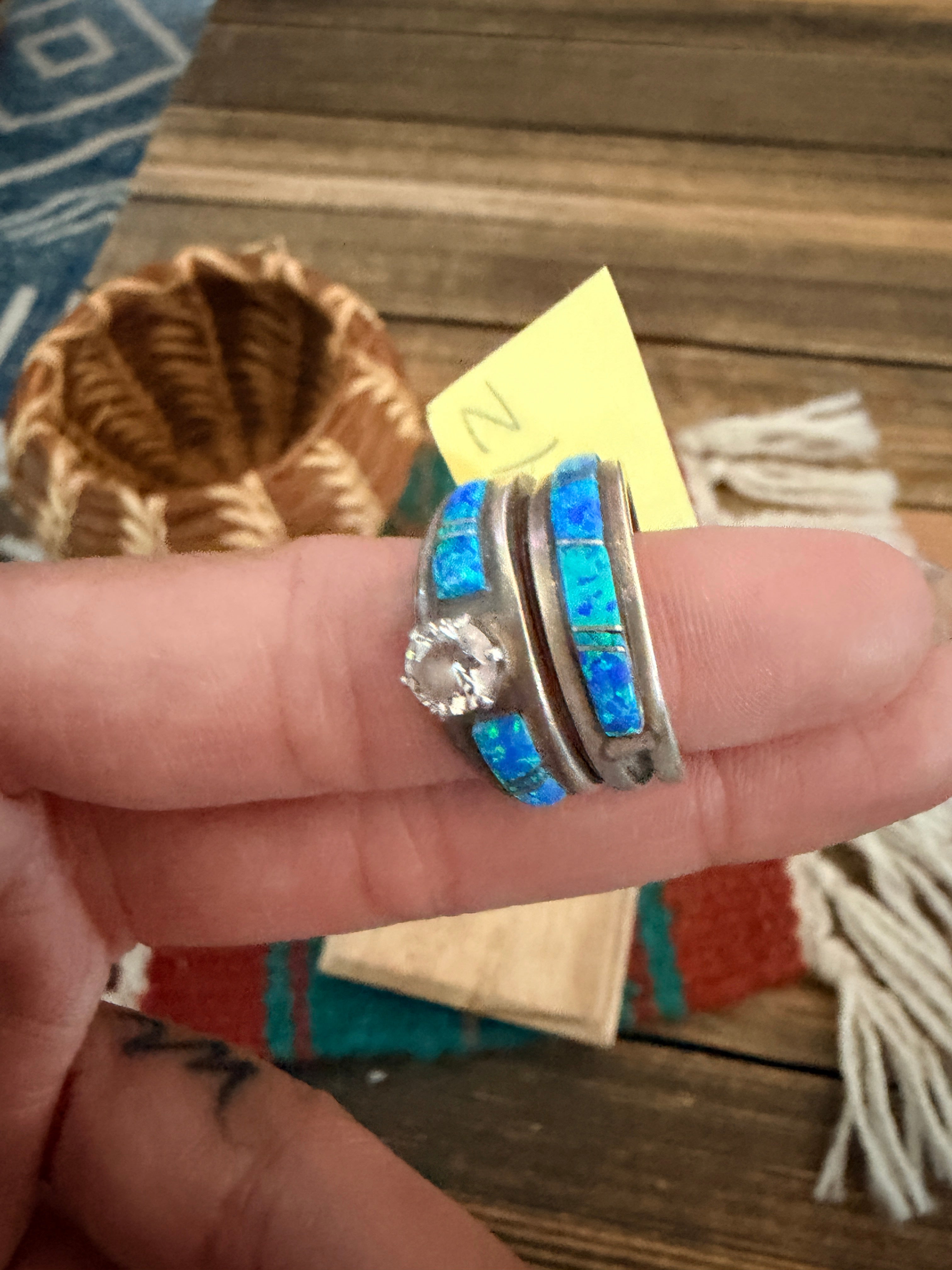 Old Pawn Handcrafted Opal, CZ & Sterling Silver Inlay Ring Set Size 7.25