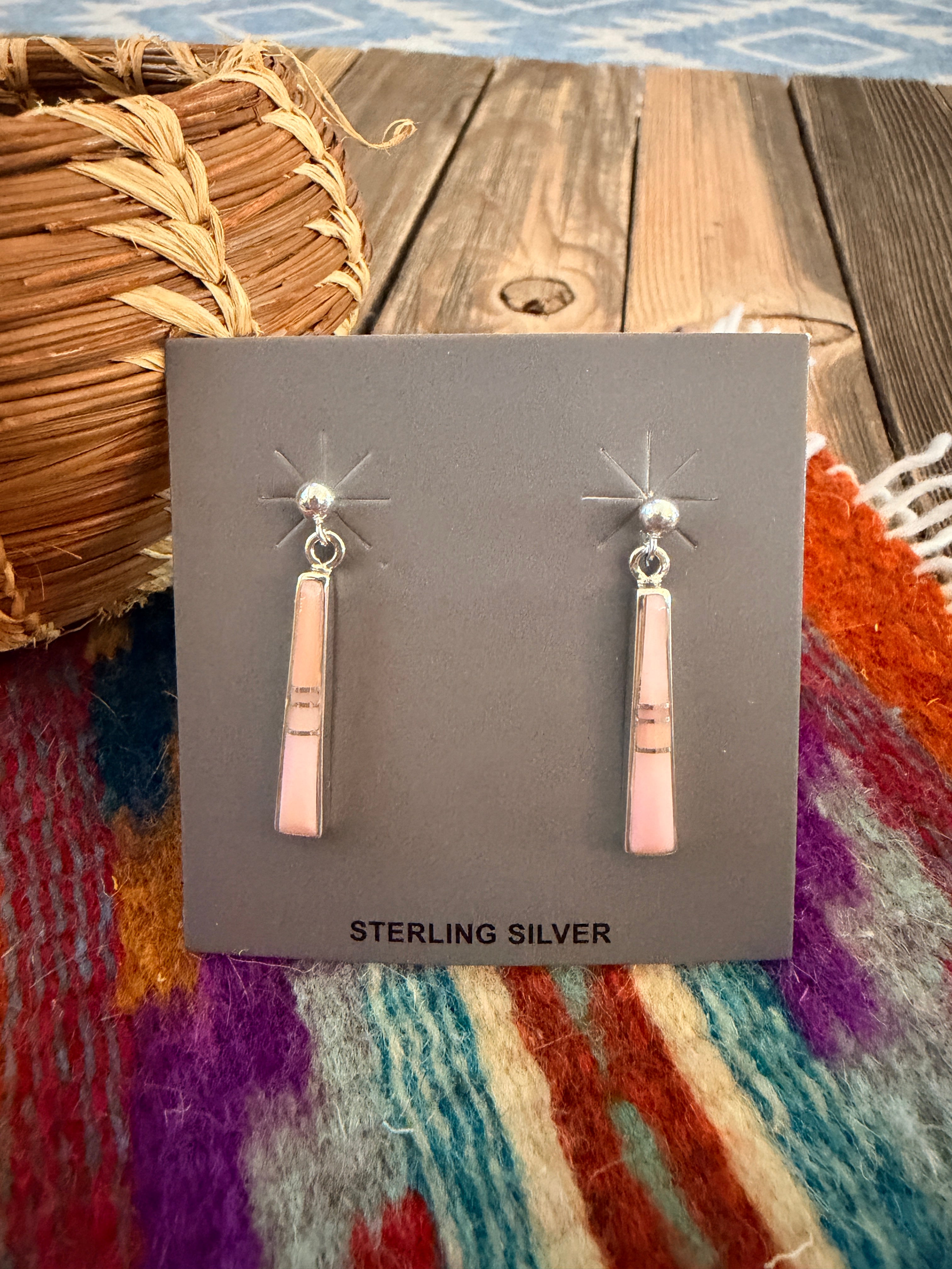 Handcrafted Queen Pink Conch & Sterling Silver Inlay Dangle Earrings by Rick Tolino