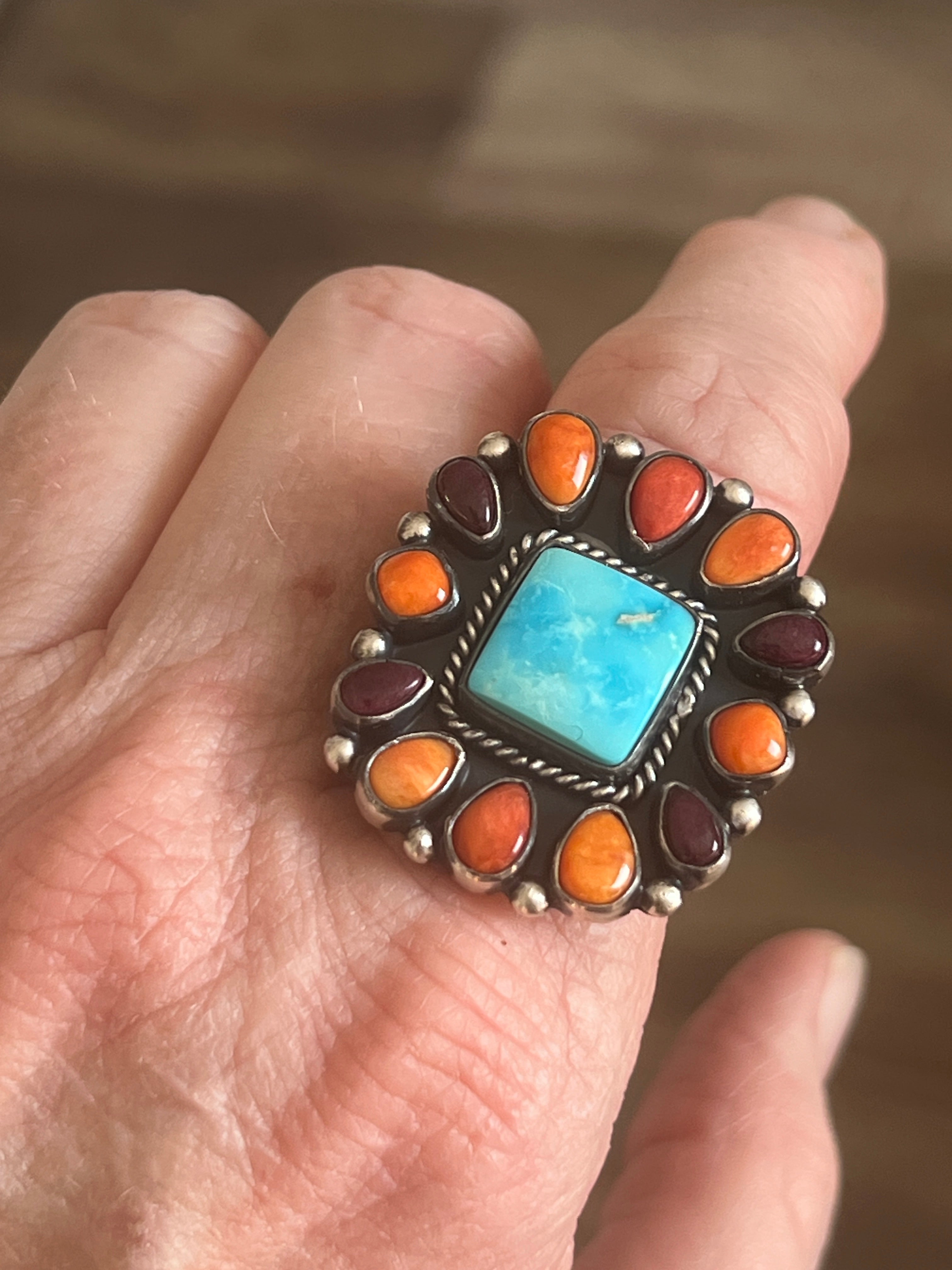 Navajo Electric Rainbow Turquoise and Spiny Oyster Ring by Angela Martin and Bernyse Chavez, Size 9