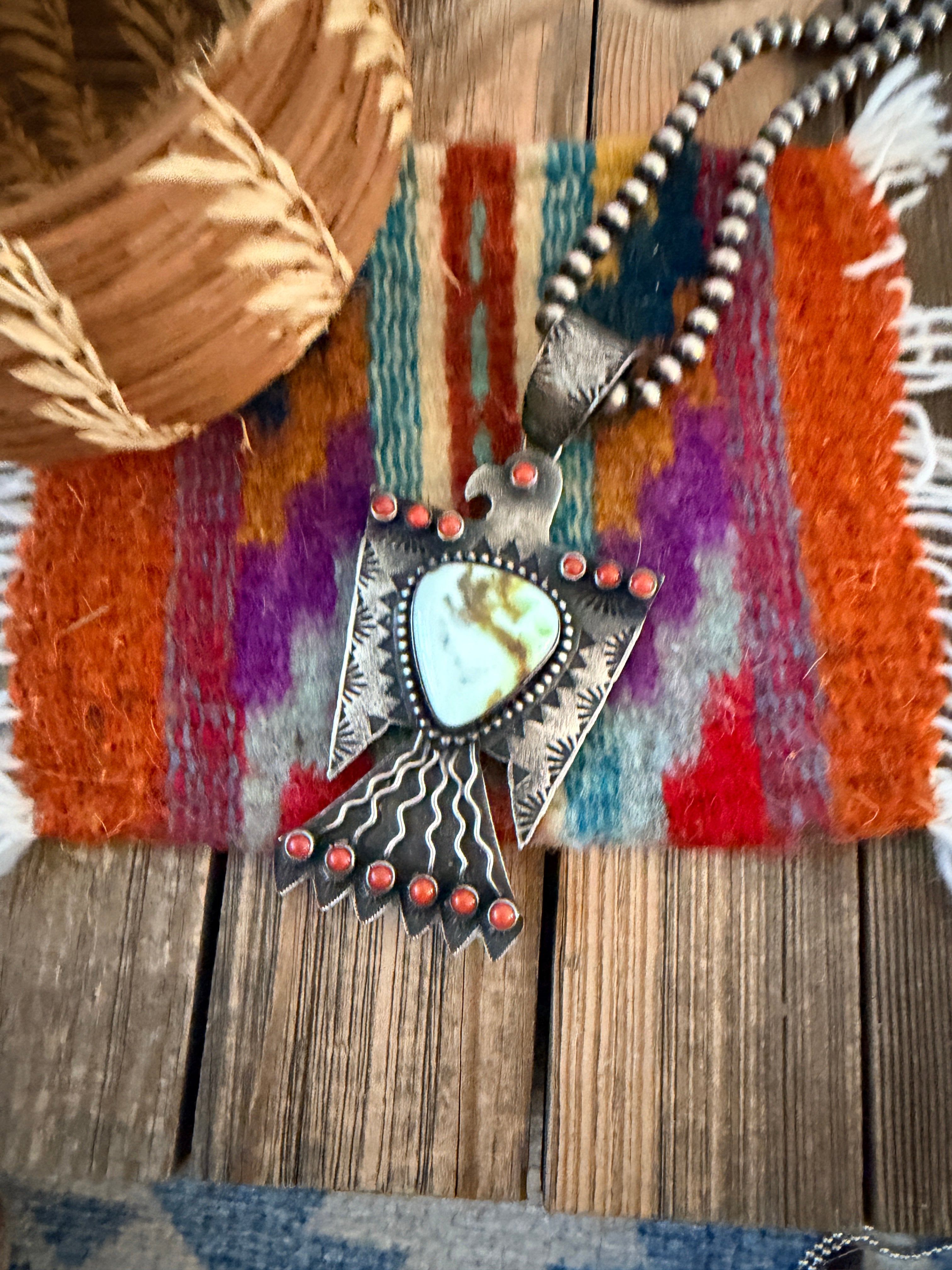Handcrafted Sterling Silver, Turquoise & Coral Thunderbird Pendant by Shawn Cayatineto