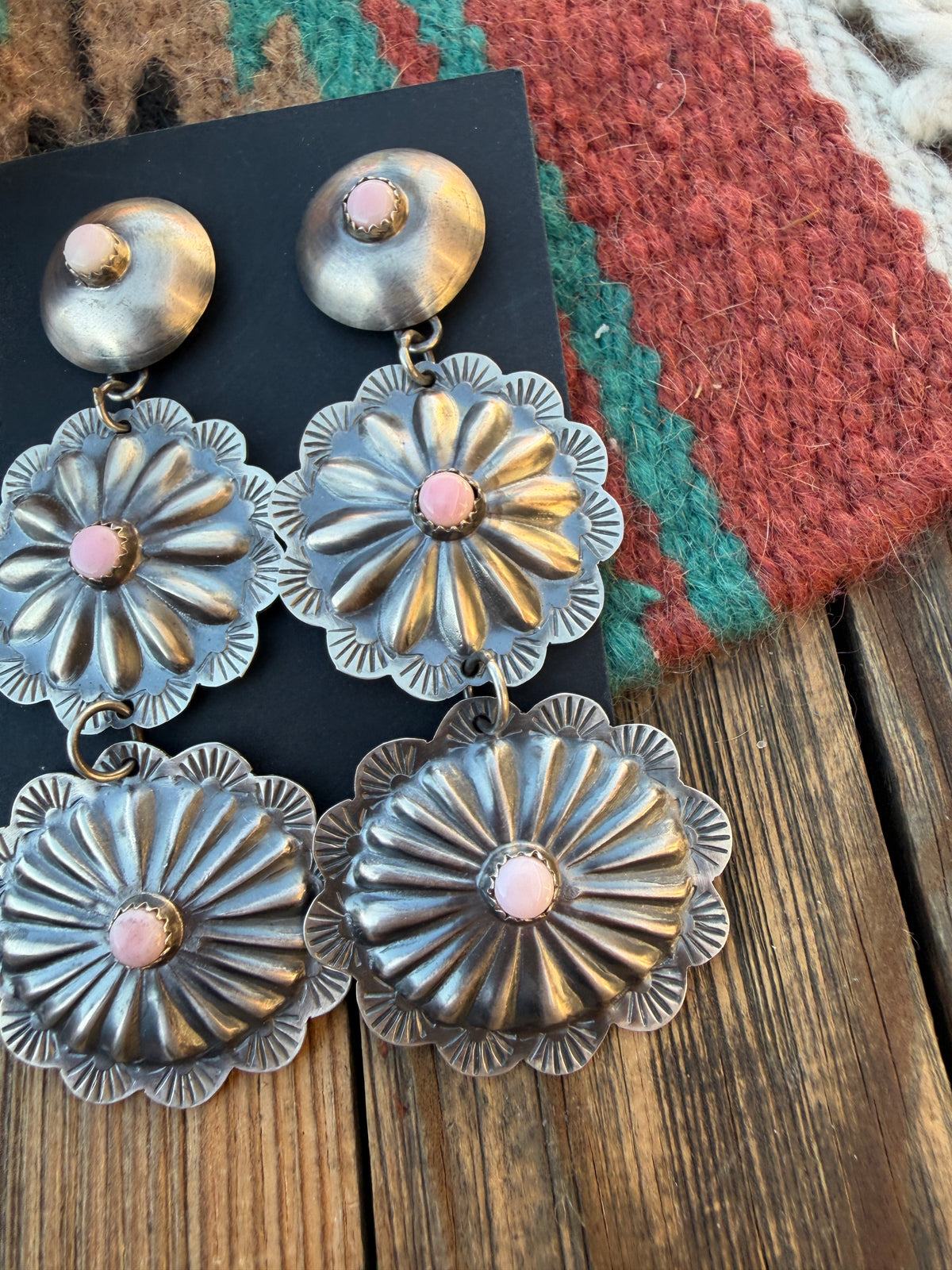 Handcrafted Queen Pink Conch & Sterling Silver Concho Dangle Earrings