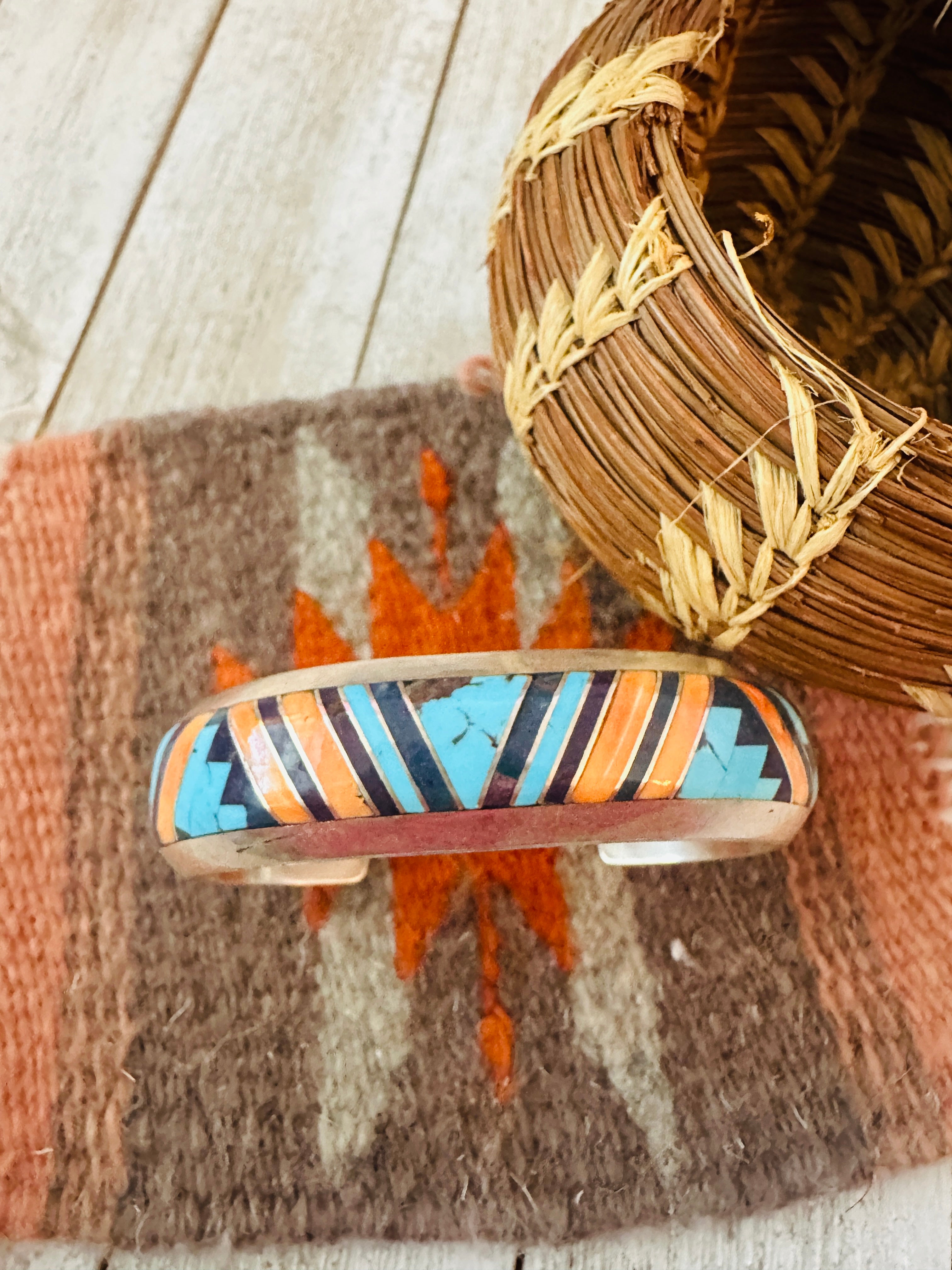 Handcrafted Multi Stone & Sterling Silver Inlay Cuff Bracelet