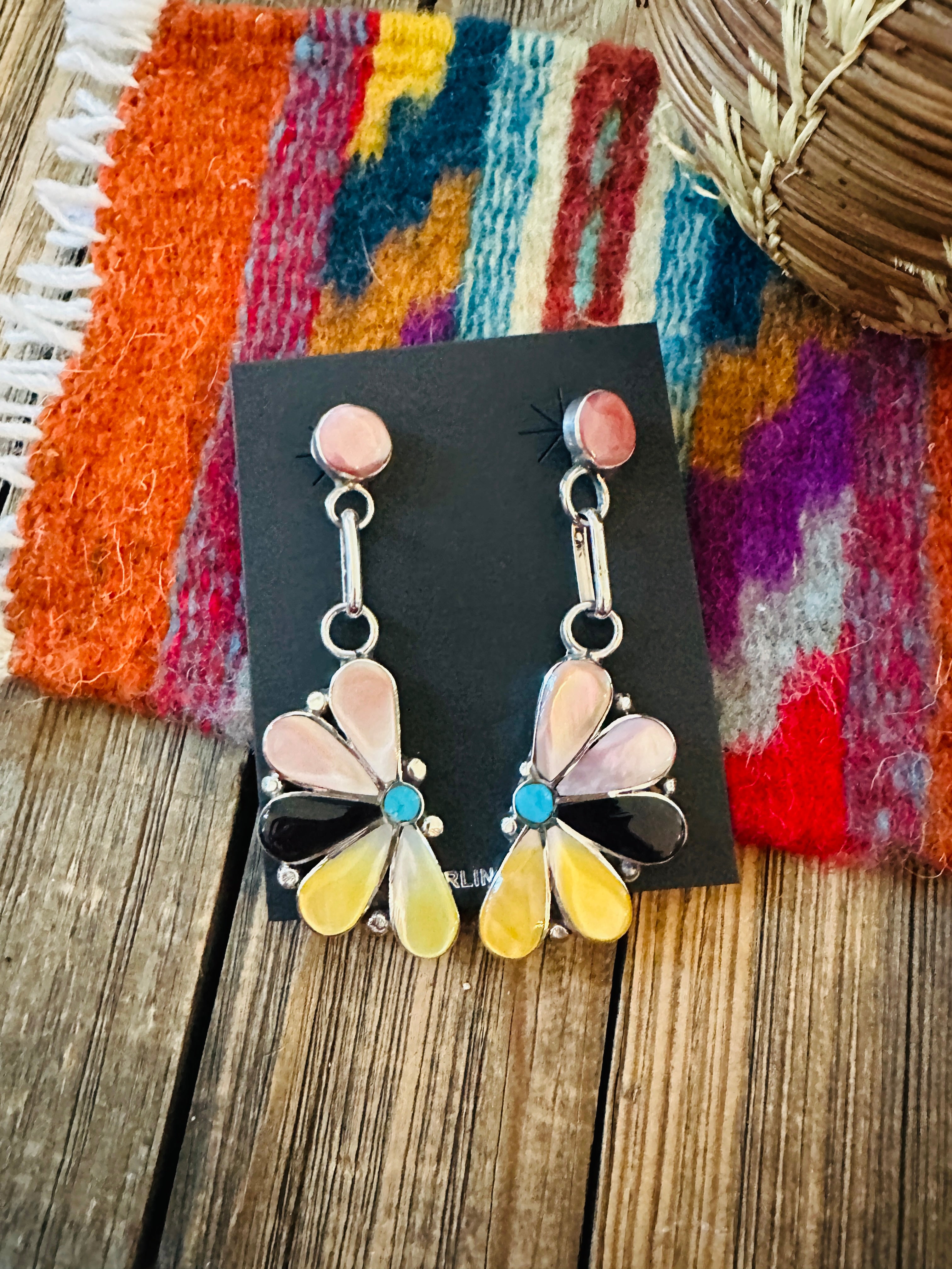 Handcrafted Sterling Silver, Mother of Pearl, Turquoise & Jet Inlay Flower Dangle Earrings