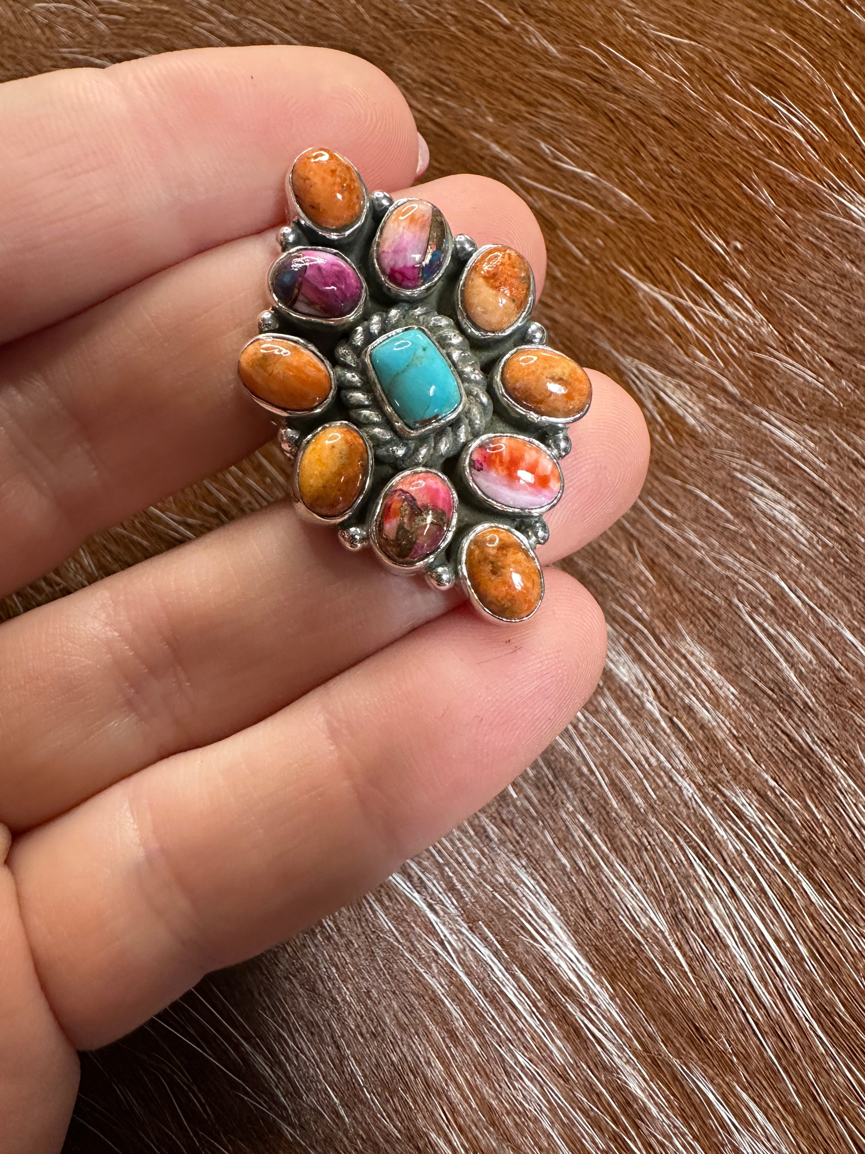 Handmade Pink Dream, Orange Mojave, Turquoise & Sterling Silver Adjustable Ring Signed Nizhoni