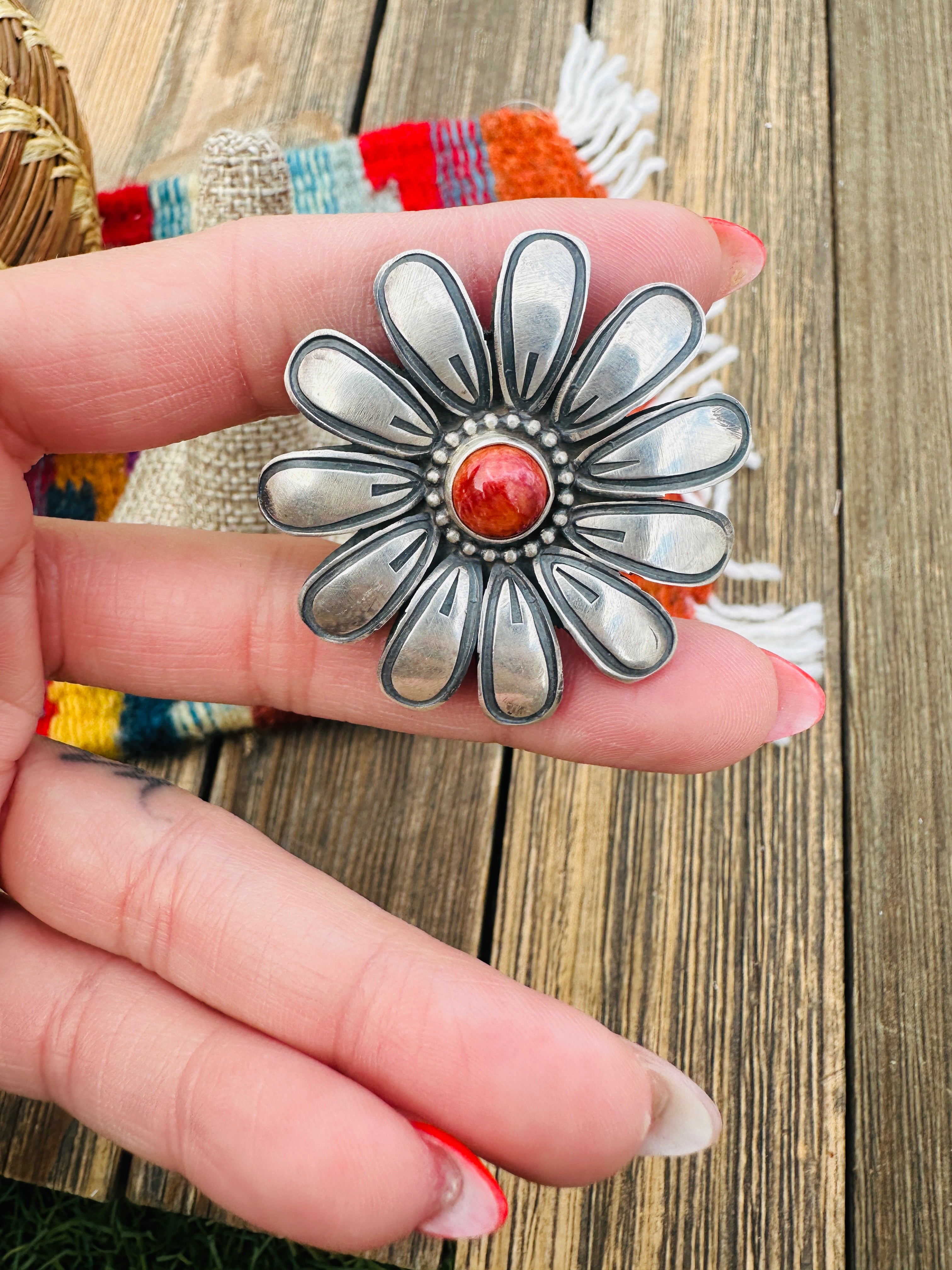 Handcrafted Spiny Oyster & Sterling Silver Flower Ring Size 6 by Paul Livingston