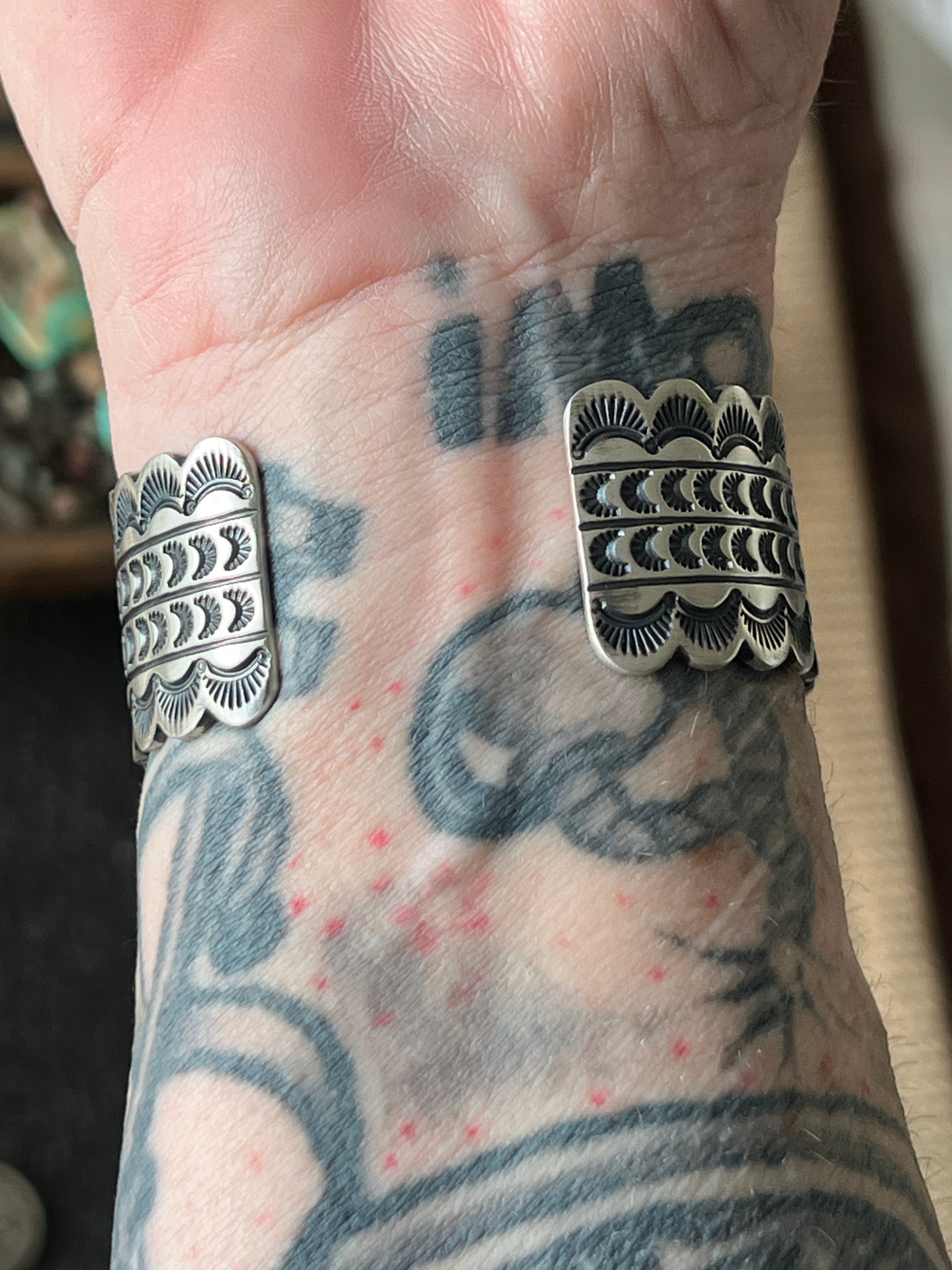 Handcrafted and Hand Stamped Sterling Silver and Royston Turquoise Cuff Bracelet by Diane Wylie