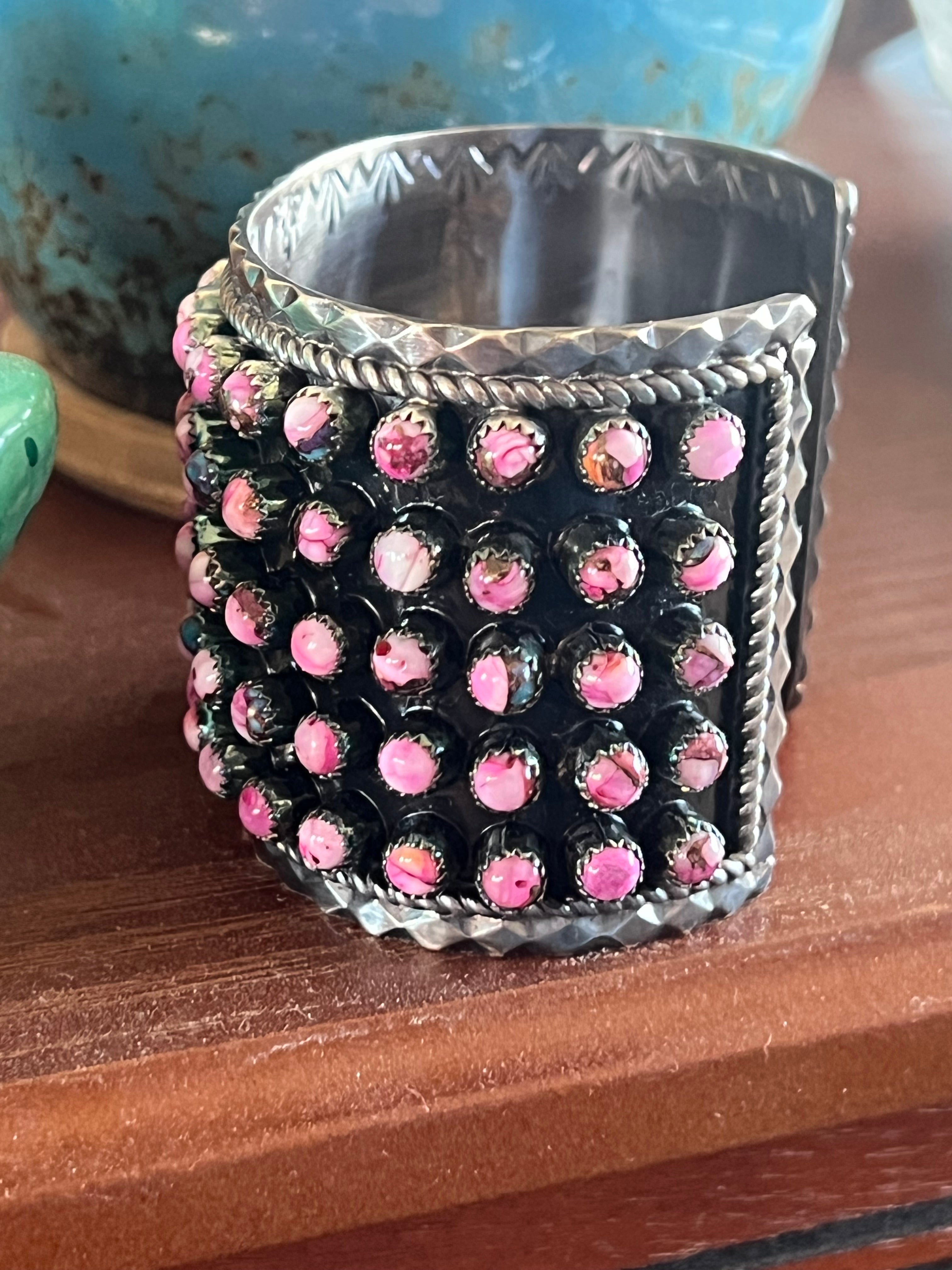 Handcrafted Sterling Silver and Pink Dream Mohave Snake Eye Style Five Row Cuff Bracelet, Signed BJ /