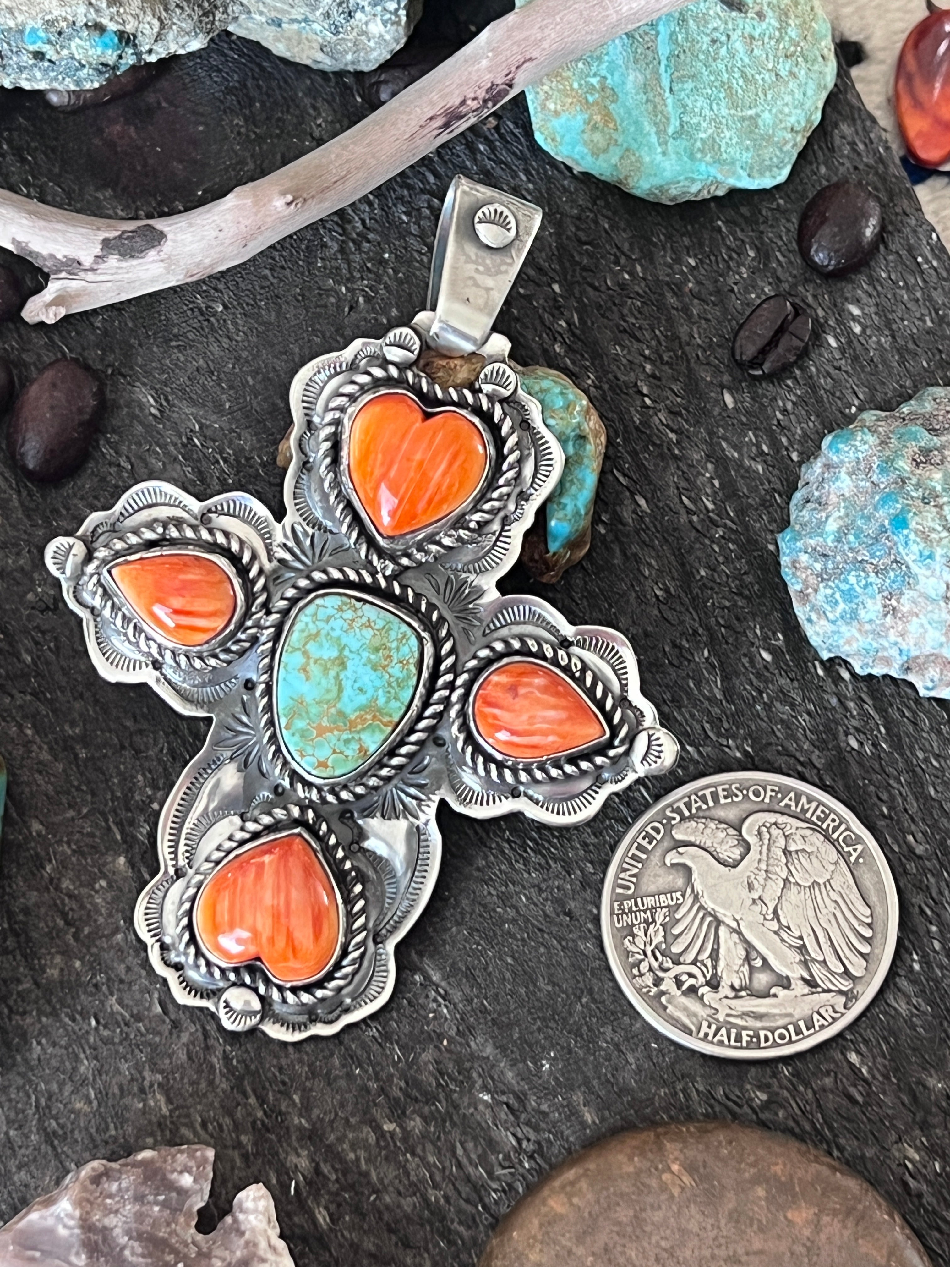 Hand Stamped Sterling Silver, Pilot Mountain Turquoise & Spiny Oyster Cross Pendant by Kimari Somers