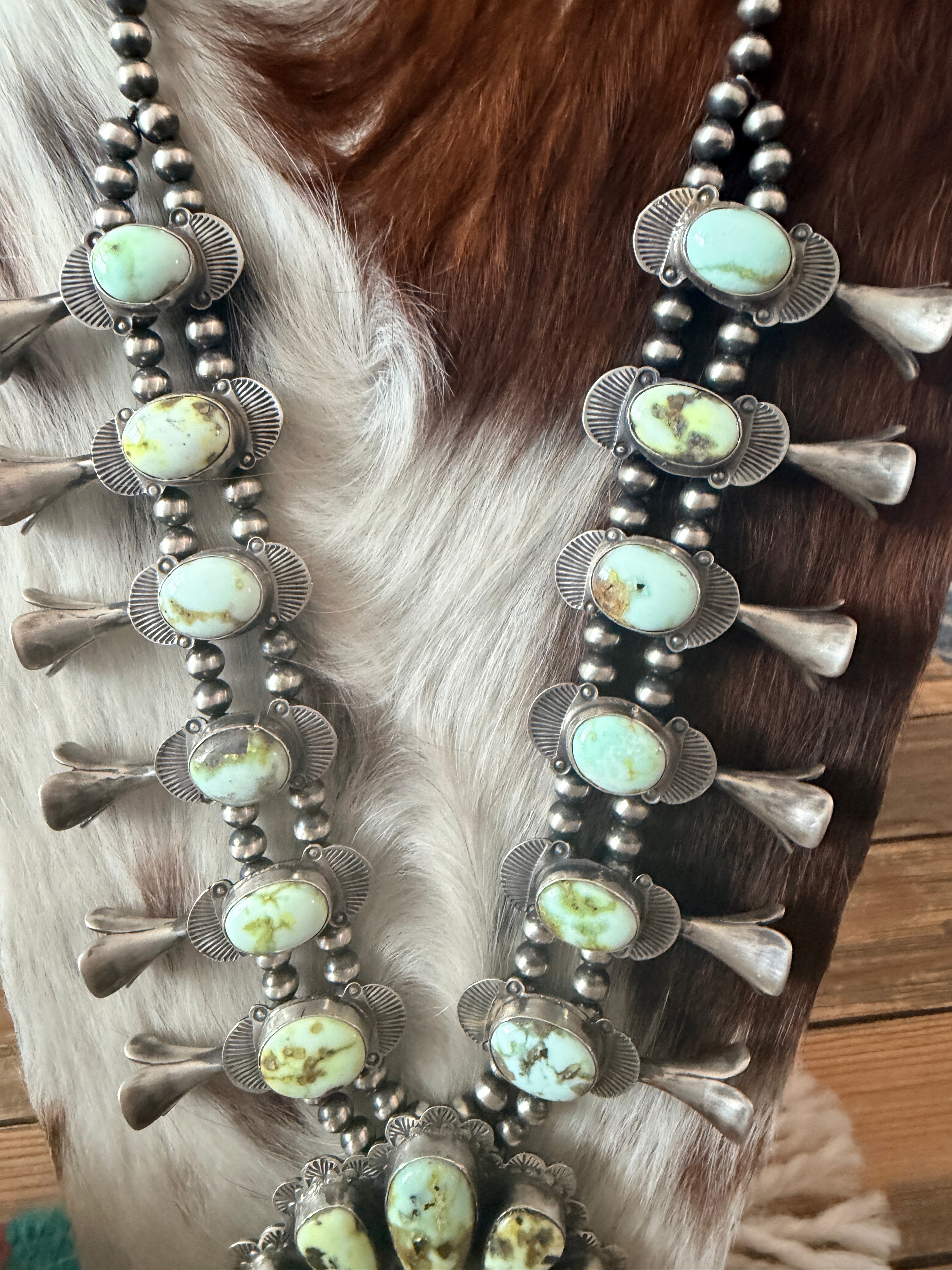 Handcrafted Palomino Turquoise & Sterling Silver Beaded Squash Blossom Necklace Set by Kee Johnson