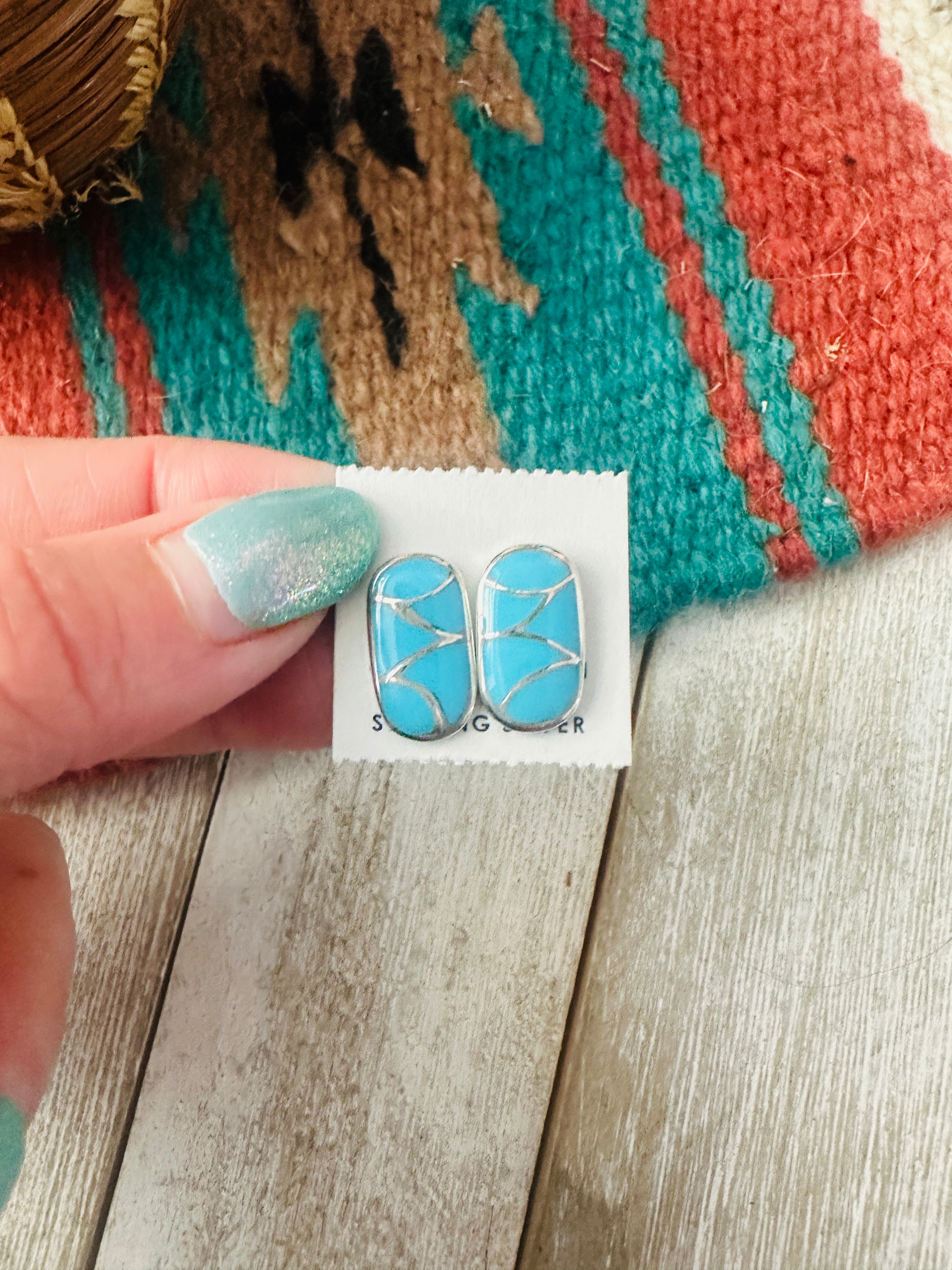 Handcrafted Turquoise & Sterling Silver Inlay Post Earrings