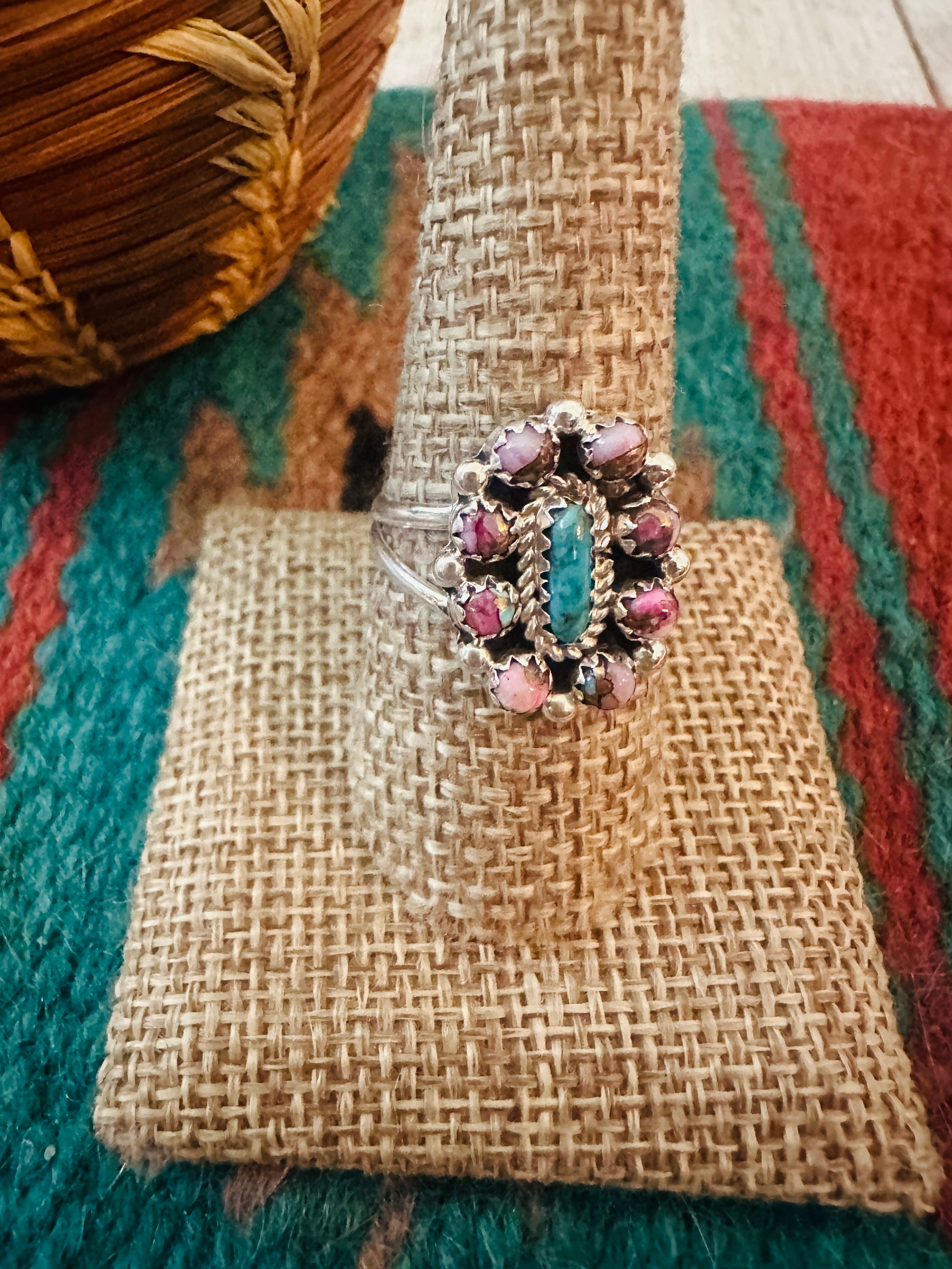 Handcrafted Pink Dream, Turquoise & Sterling Silver Cluster Ring